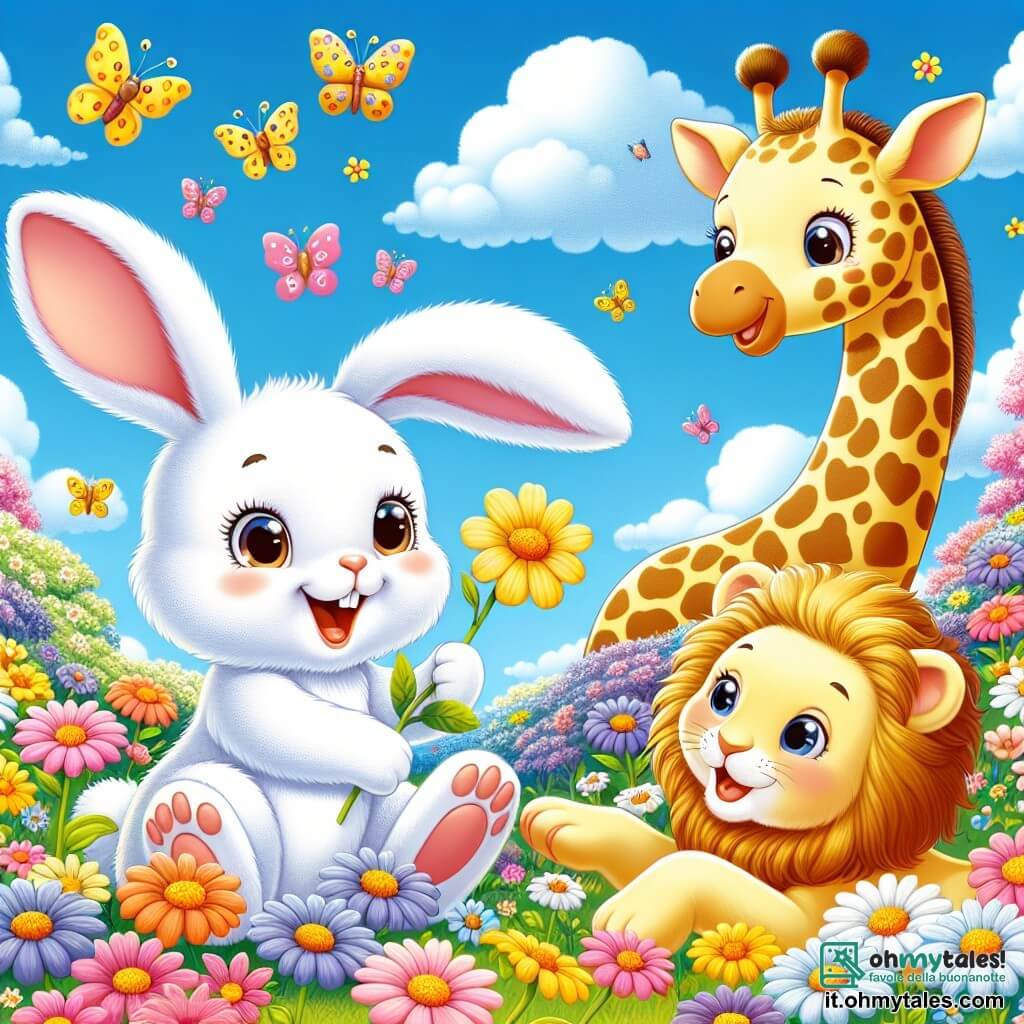 Un coniglio bianco e peloso, di nome Nino, con grandi orecchie e un piccolo naso che trema, salta felicemente in un campo di fiori colorati, il suo viso splendente di gioia ed eccitazione. Accanto a lui, una giraffa di nome Gilda, con un lungo collo e macchie dorate sul suo manto, sorride allungandosi per prendere un fiore, mentre un leone curioso, Leo, con una criniera dorata e occhi scintillanti, osserva la scena divertito. Il luogo è un magnifico parco, pieno di fiori vivaci sotto un cielo azzurro punteggiato di nuvole soffici. La scena principale mostra Nino e i suoi amici mentre giocano insieme, ridendo e correndo tra i fiori, mentre farfalle colorate danzano intorno a loro, creando un'atmosfera gioiosa e ludica.
