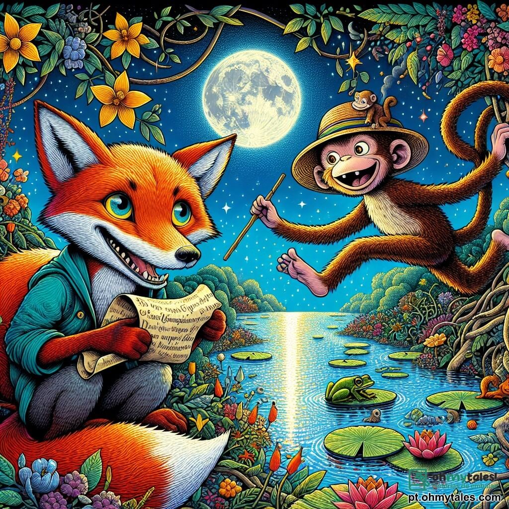 Uma raposa de pelagem brilhante, com olhos cintilantes de curiosidade e um largo sorriso travesso, está no centro da imagem, segurando um velho papel amassado com suas patas. Ao lado dela, um macaco travesso, usando um chapéu de palha e com um palito de bambu na boca, salta alegremente, com os braços levantados. Ao fundo, um bonito lago brilha sob a luz da lua, cercado por rios de flores coloridas e círculos de espinhos, enquanto rãs cantam sobre nenúfares. A cena transmite uma atmosfera de aventura e mistério, enquanto a raposa e o macaco se preparam para descobrir o tesouro escondido, rodeados de risadas e magia.