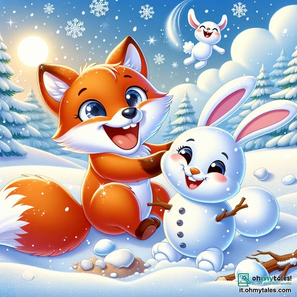Una piccola volpe dal pelo arancione vivo, con una coda folta e occhi scintillanti di gioia, sta rotolando nella neve, ridendo di felicità. Vicino, una piccola coniglietta con il pelo bianco e grandi orecchie, con un sorriso radioso, costruisce un pupazzo di neve usando rami e sassi. Il paesaggio è un magnifico scenario invernale, con alberi coperti di neve scintillante, un cielo blu chiaro e fiocchi di neve che cadono dolcemente. La scena mostra l'amicizia e la gioia dei due personaggi mentre si divertono insieme in questo inverno magico.