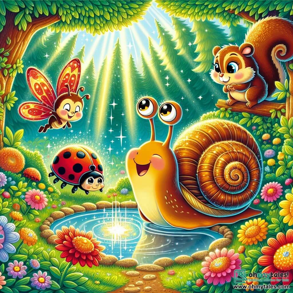 A little snail named Sammy, with a spiral shell in shades of brown and yellow, stands at the edge of a sparkling magical pond, his big eyes shining with excitement and curiosity. Next to him is a charming ladybug named Lucy, with her red wings dotted with black, joyfully flying around him, smiling and full of energy. A mischievous squirrel named Charlie, with brown fur and sparkling eyes, is perched on a tree branch, watching the scene with a playful grin. The pond is located in the heart of an enchanted forest, surrounded by colorful flowers with bright petals, tall trees with lush green leaves, and rays of sunlight filtering through the foliage, creating a magical atmosphere. Sammy, Lucy, and Charlie stand before the shimmering water, ready to make a wish, their hearts beating with anticipation and friendship.