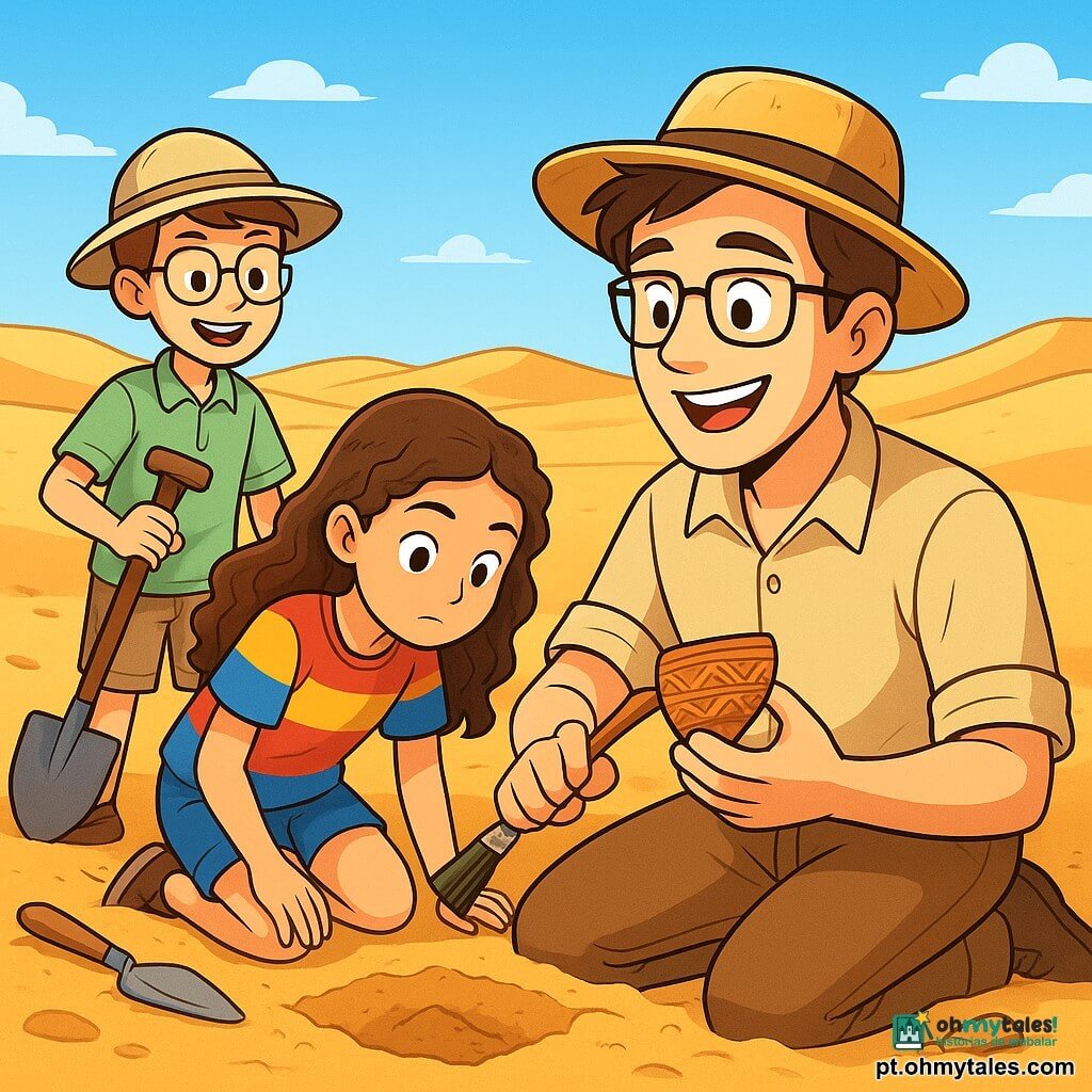 Um arqueólogo, Miguel, na casa dos trinta anos, com cabelo castanho e óculos, está sentado no chão do deserto, com um sorriso de excitação no rosto. Ele usa uma camisa bege e um chapéu de palha, segurando um pincel em uma mão e um pedaço de cerâmica na outra, admirando sua descoberta. Ao seu lado, uma menina de 12 anos, Sofia, com cabelos longos e cacheados, usa uma camiseta colorida e um short. Ela está de joelhos, observando atentamente o chão, com um olhar curioso e concentrado. Um garoto de 11 anos, Lucas, com óculos e um chapéu de safari, está em pé atrás deles, segurando uma pá e sorrindo, pronto para ajudar. O cenário é um vasto deserto dourado, com dunas sob um céu azul brilhante. Pegadas na areia levam ao local da escavação, onde ferramentas arqueológicas estão espalhadas. A cena principal mostra Miguel e seus jovens assistentes descobrindo um antigo pedaço de cerâmica, cercados por areia fina, com o vento levantando alguns grãos ao redor, criando uma atmosfera de exploração e descoberta.
