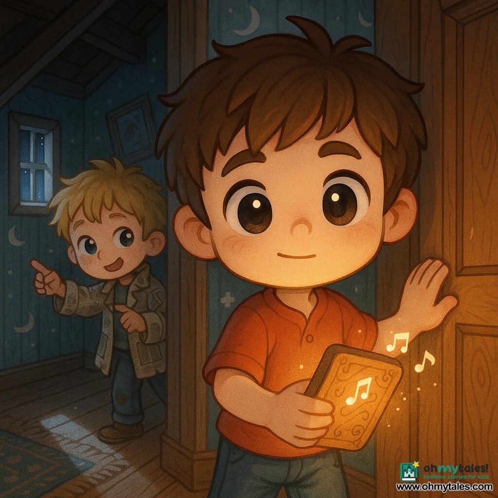 A 10-year-old boy with a round face, wide bright eyes and tousled brown hair, looking brave but slightly worried, holds a small carved wooden tablet in one hand and has a crumpled map in his pocket while placing his hand on an old wooden door as if closing it gently; a secondary boy of about 9 with tangled blond hair, a patched newspaper coat and a shy yet mischievous look stands in the attic room’s shadow to the left, pointing at a narrow cracked window; the narrow hallway of the old house has worn wooden planks, faded moon-patterned wallpaper, a silver moonbeam forming a triangle on the rug, tilted frames and a fogged mirror reflecting specks of dust; the main scene shows the 10-year-old closing the carved door with a soft click as the tablet in his hand glows warmly and emits faint sound waves that settle, creating a mysterious but comforting atmosphere with detailed wood grain, sparkling dust and soft shadows.
