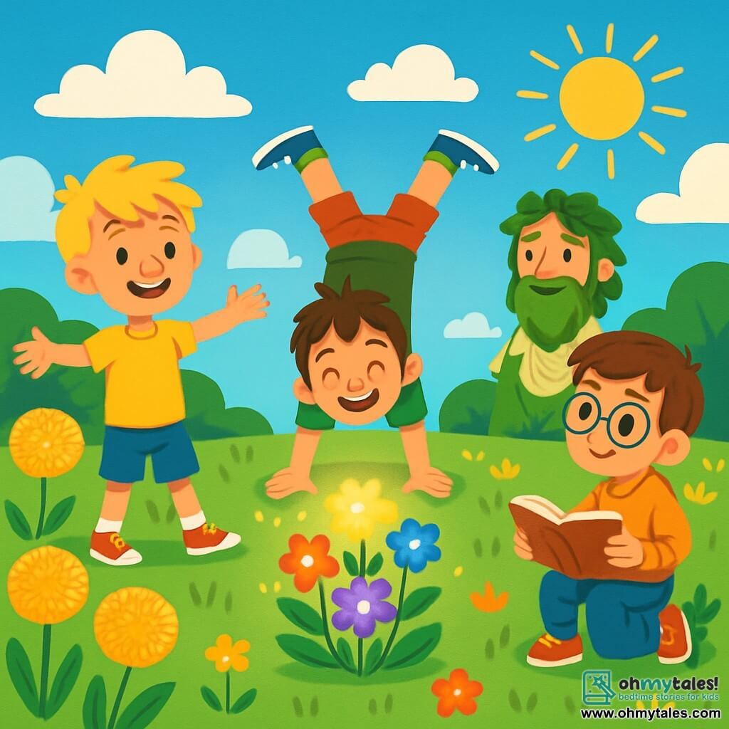 There are 3 characters: Leo, an 8-year-old boy with wheat-like blonde hair and sparkling curious eyes, wearing a yellow t-shirt and blue shorts. He stands on the left with his arms open, as if welcoming the world. Max, an 8-year-old boy with messy brown hair and a big smile lighting up his face, wears a green t-shirt and shorts. He is in the center, balancing on his hands and laughing joyfully. Eli, an 8-year-old boy with brown hair and round glasses that enlarge his curious eyes, wears a checkered shirt and jeans. He is on the right, crouched down holding an open book, looking at his friends with admiration. The main setting is a sunny meadow filled with giant dandelions with golden heads dancing in the wind. In the center, a man with a leaf beard, dressed in a robe made of book pages, stands in front of a group of colorful flowers shining in the sun. The sky is bright blue, dotted with white candy-shaped clouds. The main situation of the story shows the three friends discovering a magical garden where they plant glowing flowers, symbolizing their questions and dreams. The villagers, initially serious, begin to smile and play around them, transforming the meadow into a place of joy and discovery.