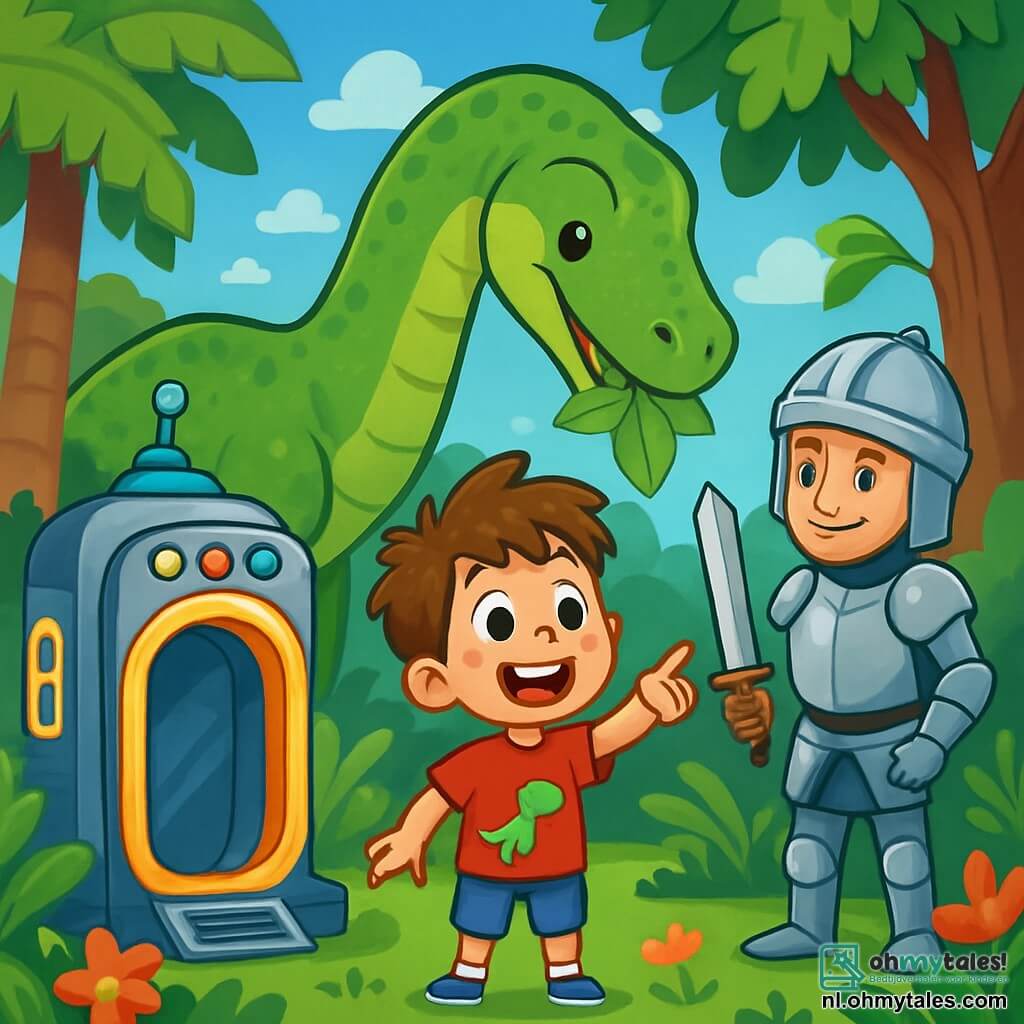 Een 6-jarig jongetje, Timo, met rommelig bruin haar en grote verwonderde ogen, staat voor een tijdmachine. Hij draagt een rode t-shirt met een dinosaurus en een blauwe korte broek, zijn gezicht straalt intense vreugde en sprankelende nieuwsgierigheid uit. Naast hem leunt een herbivoor-dinosaurus met een groene huid en glanzende schubben om bladeren van een reusachtige boom te eten. Een ridder van ongeveer 30 jaar, met glanzende zilveren wapenrusting en een helm, staat iets verderop met een zwaard in de hand en kijkt Timo vriendelijk aan. De achtergrond is een weelderig prehistorisch bos, gevuld met gigantische bomen, reusachtige varens en kleurrijke bloemen. De lucht is helder blauw met donzige witte wolken. Timo, verwonderd, wijst lachend naar de dinosaurus terwijl de ridder nieuwsgierig naar hem toekomt, klaar om met hem te praten.