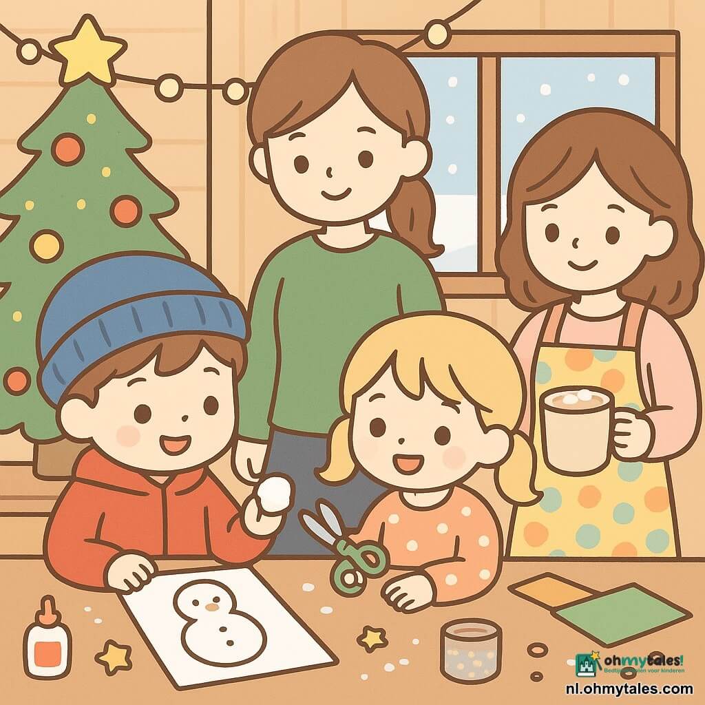 Een jongen van 6 jaar, glimlachend en verwonderd, kort bruin haar, rode jas en blauwe muts, lijmt wattenbolletjes op papier om een sneeuwman te maken aan een tafel; een meisje, Lisa, ongeveer 6 jaar, blond met staartjes en een stippenjurk, glimlacht en reikt een schaar aan terwijl ze naast hem zit; de moeder, volwassen, kastanjebruin haar in een staart en een groen trui, staat achter hen met een warme blik; een vrijwilliger met een zachte glimlach en een kleurrijk schort zet een grote mok warme chocolademelk op een andere tafel op de achtergrond; locatie: een klein, gezellig buurtcentrum met lichte houten muren, een grote raam met vallende sneeuw, lichtslingers, een versierde kerstboom en tafels met gekleurd papier, glitters en lijm — sfeervolle, warme verlichting, kinderen maken winterdecoraties vol blijheid en saamhorigheid.