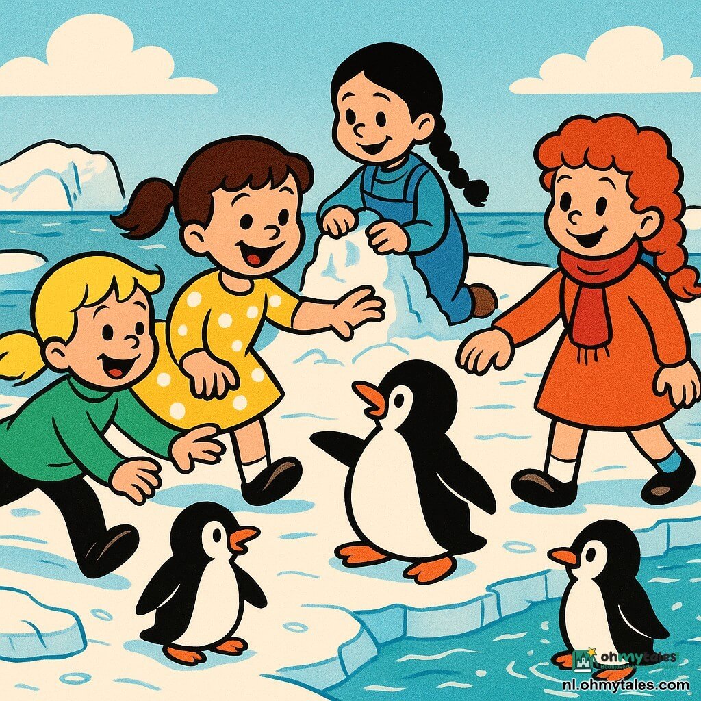 Er zijn vier meisjes van 8 jaar: een met bruine twee staarten en een gele jurk met witte stippen die lacht en een pinguïn rechtsaanraakt; een met kort blond haar en een groene trui die naar links over het ijs glijdt en juicht; een met zwart ingevlochten haar en een blauwe tuinbroek die iets achteraan in het midden een sneeuwfortje bouwt; een met rood krullend haar en een rode sjaal die de hand van het eerste meisje vasthoudt en naar de rand van de ijsschots rechts kijkt. De scène speelt zich af op een grote glanzende witte ijsschots met doorzichtige blauwe barsten, zilveren reflecties en turquoise smeltwater bij de randen en enkele smeltende ijsblokken. De meisjes spelen met ronde zwarte pinguïns met witte buiken; de sfeer is vrolijk maar er zijn druipjes en kleine stroompjes water die het smelten tonen, felle kleuren, dikke contouren en warme, dynamische mimiek.