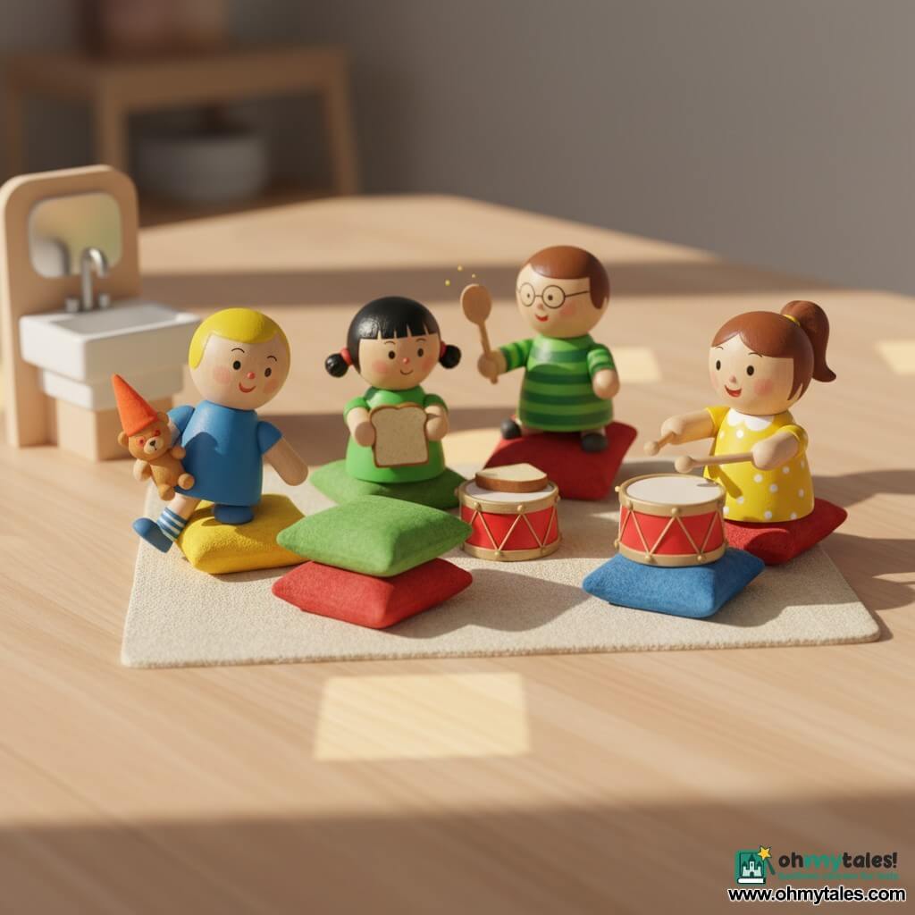 There are four children as wooden figurines: Mia, 5, a painted figure with a yellow polka-dot dress, brown ponytail, on the right beating a small red drum with a stick; Max, 5, a wooden figure with a blue T-shirt and striped socks, blond hair, on the left holding a miniature teddy with an orange hat over its eyes and comically tumbling onto a cushion; Lina, 4, a wooden figure with a green dress and black pigtails in the center placing an imaginary wooden sandwich slice on a blue pillow; Ben, 6, a wooden figure with a green striped sweater and painted glasses behind the others waving a wooden spoon like a judge and blowing gently; setting: a living room turned diorama on a light wood table with a cream miniature rug, felt cushions stacked like small islands, painted sunlit squares, a small white toy sink, a red drum at the center and the miniature teddy; main scene: the four friends play a slow, funny cushion race, lined up ready to crawl, lively scene with warm colors, visible wood and felt textures, and soft late-afternoon lighting.