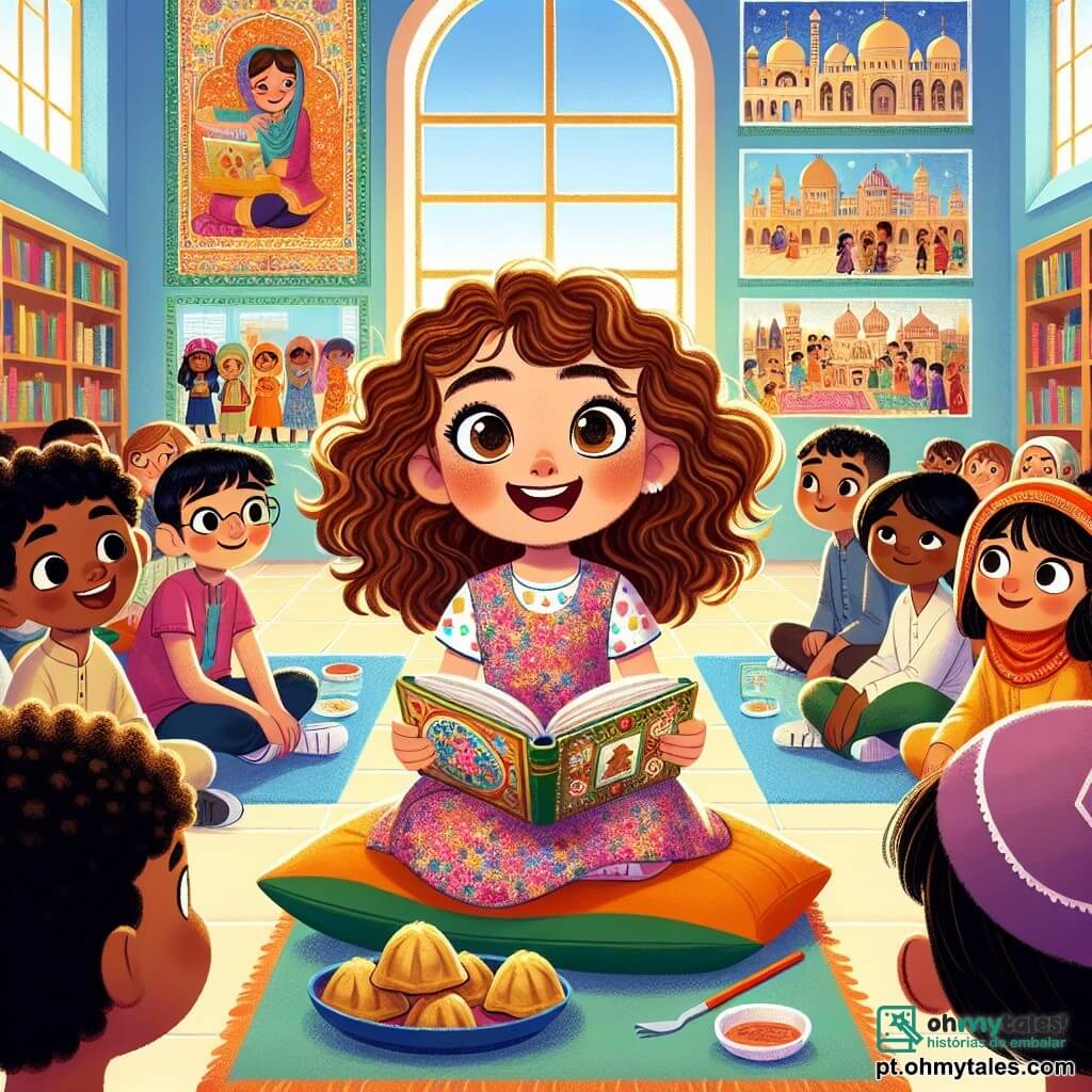 No centro da imagem, uma menina de 10 anos chamada Sofia, com cabelos castanhos cacheados e olhos curiosos, sorri alegremente enquanto segura um livro colorido aberto à sua frente. Ela usa um vestido bonito com estampas florais e está sentada em uma almofada macia em uma biblioteca iluminada, cercada por estantes de livros com capas vibrantes. Ao lado dela, Amil, um garoto de 10 anos com cabelos negros e encaracolados e pele levemente bronzeada, veste uma kurta colorida. Ele olha para Sofia com um sorriso cúmplice, segurando um prato de samosas que compartilha com ela. A biblioteca é espaçosa, com grandes janelas que deixam entrar a luz do sol, iluminando as paredes decoradas com murais de diferentes culturas. Tapetes coloridos estão espalhados pelo chão, e crianças de diversas origens estão sentadas ao redor, ouvindo atentamente as histórias que Sofia e Amil compartilham. A cena principal mostra Sofia e Amil apresentando histórias sobre suas culturas, cercados por outras crianças fascinadas, criando uma atmosfera calorosa e alegre, cheia de risos e trocas.