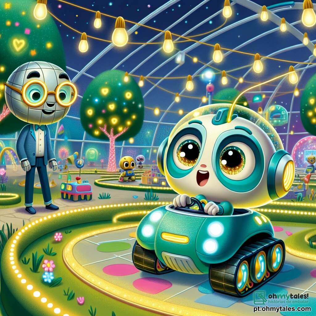 Zipp, um pequeno robô redondo com antenas brilhantes em azul e verde, está programando um mini veículo voador em uma pista de obstáculos no Parque das Curiosidades. Seus olhos luminosos expressam grande excitação e curiosidade, enquanto ele usa suas pequenas mãos metálicas para ajustar os comandos. Perto dele, um robô mais velho, com forma alongada e luzes douradas, observa Zipp com um sorriso benevolente. Ele usa óculos futuristas e parece orgulhoso de ver a criatividade de Zipp, dando-lhe conselhos. O parque é um lugar mágico, cheio de cores vibrantes, com árvores cantantes e folhas brilhantes, além de um grande domo transparente no centro, onde crianças robôs exploram estações interativas. Flores luminosas cercam a cena, adicionando um toque de magia. A cena principal mostra Zipp concentrado em seu veículo voador, cercado por outras crianças robôs que se divertem e aprendem, criando uma atmosfera alegre e dinâmica.