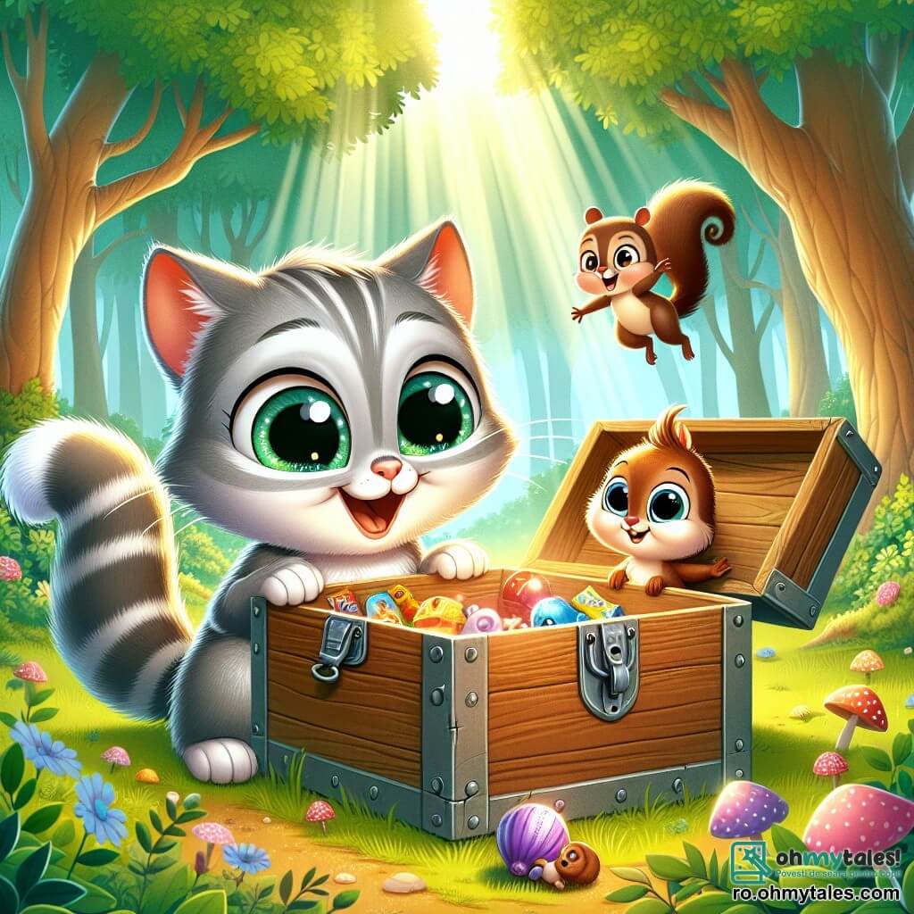 Un motan gri cu dungi albe, pe nume Miau, cu ochi mari strălucitori de curiozitate și un zâmbet jucăuș, deschide o cutie veche din lemn în mijlocul unei păduri însorite. Lângă el, o veveriță mică, căprie, pe nume Ticu, cu o coadă pufoasă, sare de bucurie, cu labele ridicate, în timp ce privește cutia cu entuziasm. Pădurea este plină de copaci verzi cu frunze strălucitoare, flori colorate și un rază blândă de soare care filtrează printre crengi, creând o atmosferă magică. Miau și Ticu descoperă împreună o surpriză ascunsă în cutie, plină de jucării și dulciuri, ceea ce îi face foarte fericiți și curioși să împărtășească descoperirea lor cu prietenii.