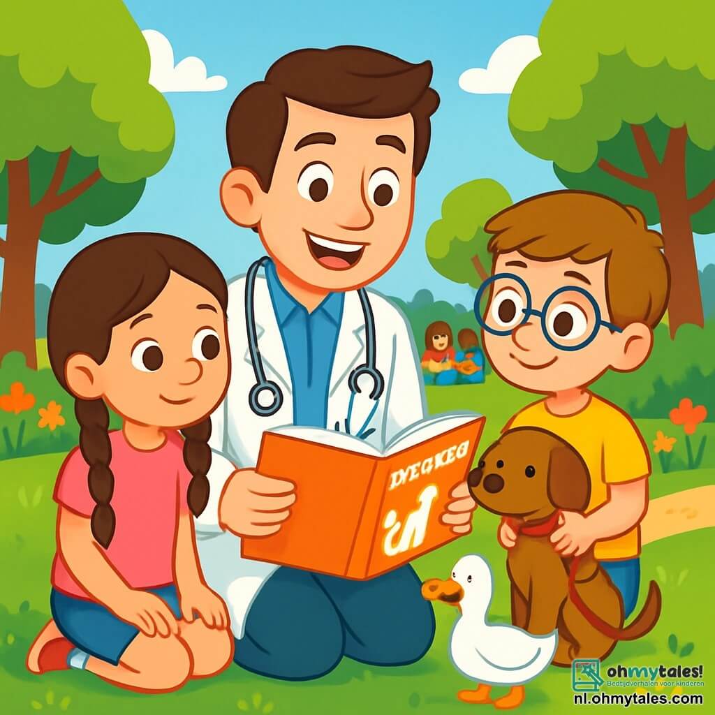 Een glimlachende en enthousiaste mannelijke dierenarts, Daan, draagt een witte labjas en een stethoscoop om zijn nek. Hij is gezeten in het gras met een boek over dierenverzorging, omringd door kinderen. Onder de kinderen is Lotte, een 8-jarig meisje met lange vlechten en een roze t-shirt, die aandachtig naar het boek kijkt. Naast haar houdt Mees, een 7-jarige jongen met een bril en een blauwe short, een klein hondje aan de lijn en kijkt het bewonderend aan. De scène speelt zich af in een zonnig park met groene bomen en een blauwe lucht met witte wolken. Kleurige bloemen sieren het pad en een groep kinderen zit in een cirkel op het gras. Daan legt aan de kinderen uit hoe ze voor dieren moeten zorgen, terwijl Flip, zijn eend, vrolijk om hen heen loopt en een vrolijke noot toevoegt aan deze mooie leerzame dag.