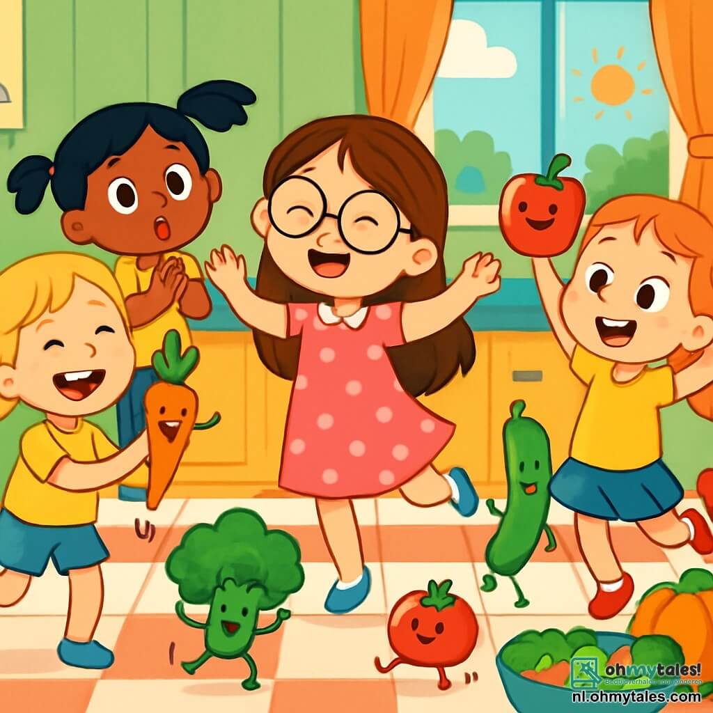 Er zijn 4 kinderen: - Lotte: een 7-jarig meisje met lange, bruine haren en ronde bril. Ze draagt een roze jurk met stippen en danst vrolijk in het midden van de keuken, omringd door dansende groenten. - Fleur: een 6-jarig meisje met blonde vlechten en een gele t-shirt. Ze staat links van Lotte, lachend met een wortel die pirouettes maakt. - Emma: een 7-jarig meisje met rood haar en sproeten. Ze staat rechts van Lotte, springend met een rode paprika in haar handen, met een grote glimlach op haar gezicht. - Noor: een 6-jarig meisje met zwart haar en twee staarten. Ze staat achter Lotte en applaudisseert voor de dansende groenten, met grote, verbaasde ogen. De locatie is een lichte en kleurrijke keuken met pastelgroene muren. De vloer is van wit en rood tegelwerk, en een groot raam laat zonlicht binnen. Op het aanrecht dansen vrolijk gekleurde groenten, terwijl een grote, blije salade klaar is om geserveerd te worden. De hoofdscène toont de vier vriendinnen die dansen en lachen met groenten die tot leven komen, wat een feestelijke en leuke sfeer creëert. De groenten, zoals wortels en tomaten, springen en draaien om de kinderen heen, terwijl de keuken gevuld is met vreugde en felle kleuren.