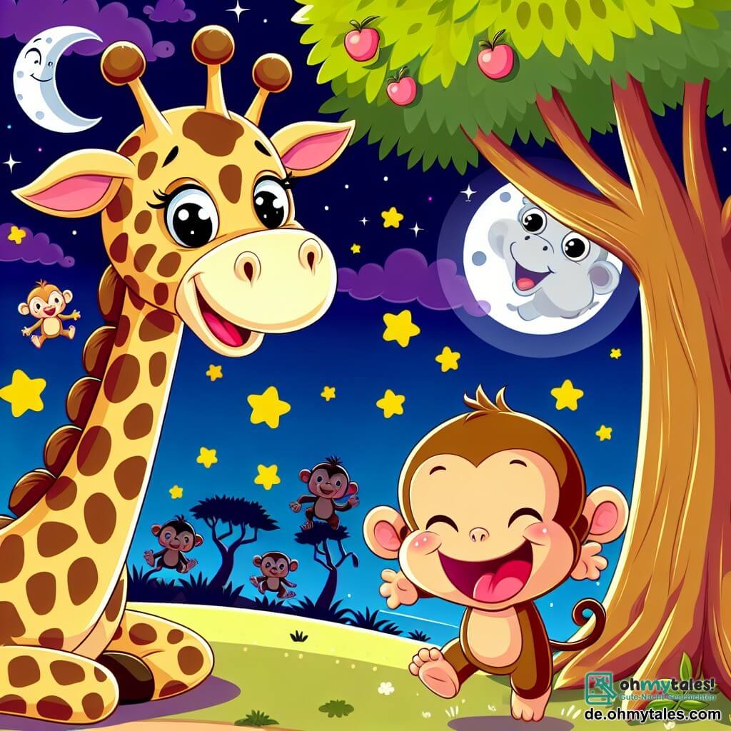Eine fröhliche Giraffe namens Gigi mit einem langen gefleckten Hals und großen funkelnden Augen steht unter einem großen Baum und hat ein strahlendes Lächeln im Gesicht. Sie schaut auf einen schelmischen kleinen Affen namens Max, der fröhlich auf einem Ast klettert, mit braunem Fell und schelmischen Augen, und laut lacht. Die Szene spielt in einem nächtlichen Zoo, beleuchtet vom sanften Licht des Mondes, mit den Schatten anderer schlafender Tiere im Hintergrund und funkelnden Sternen am Himmel. Gigi und Max teilen einen lustigen Moment, als ein großer roter Apfel vom Himmel fällt und auf Gigis Kopf landet, was beide zum Lachen bringt.