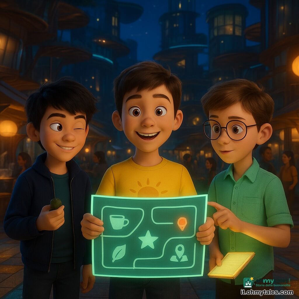 Ci sono tre ragazzi: Lio, ~12 anni, capelli castani corti, maglietta gialla con sole, sorriso ampio, tiene un poster luminoso al centro; Nico, ~13 anni, capelli neri spettinati, giacca blu scuro, aria maliziosa, tiene una polpetta d'alga e fa l'occhiolino, a sinistra; Timo, ~12 anni, occhiali sottili, camicia menta, con un taccuino luminoso che mostra la mappa, a destra. Ambientazione: una radura urbana notturna in una città futuristica con piattaforme di legno sospese tra grandi tronchi, passerelle traslucide, torri di vetro e legno, bancarelle che emergono dal suolo, lampade sferiche calde, pavé luminoso ambra e blu notte e colonne di resina trasparente con schermi. Situazione: i tre mostrano un grande poster fosforescente all'ingresso del mercato notturno con una mappa semplice e simboli (tazza per bevande, stella per giochi, foglia per pane) e un punto lampeggiante «sei qui»; intorno luci e archi luminosi sono fermi, gradini rientranti, la folla sorride e si raccoglie pacificamente; atmosfera calda e tranquilla, con dettagli sensoriali (vapore di zuppa, lanterna arancione, texture di legno e vetro) e composizione centrata sul poster che invita alla cooperazione.