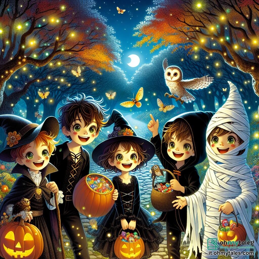 In una magica notte di Halloween, quattro bambini si trovano al centro di una radiosa radura illuminata da lucciole scintillanti. Michele, un ragazzo di 11 anni con capelli castani disordinati e un costume da vampiro nero, sorride entusiasta tenendo una grande borsa piena di caramelle. Sara, una ragazza di 10 anni, è travestita da strega con un cappello a punta e un vestito nero, gli occhi brillanti di eccitazione mentre indica un gufo su un ramo. Tommaso, un ragazzo di 12 anni, è vestito da mummia, con bende bianche che fluttuano attorno a lui, ridendo mentre guarda una piccola creatura fatata che danza al centro della radura. Martina, una ragazza di 11 anni, indossa un lenzuolo bianco come costume da fantasma, con un sorriso malizioso, tenendo un sacchetto di caramelle colorate in una mano. La radura è circondata da alberi con tronchi nodosi, le cui foglie autunnali frusciano al vento, e al centro, una piccola fata luminosa con ali iridescenti brilla, offrendo caramelle magiche ai bambini meravigliati. È una scena piena di gioia e mistero, dove amicizia e magia di Halloween si incontrano sotto un cielo stellato.