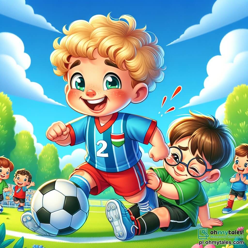 Mały chłopiec Kacper, mający 2 lata, z blond kręconymi włosami i szerokim uśmiechem, radośnie biega po zielonym boisku piłkarskim, nosząc niebieską koszulkę i czerwone spodenki. Dribbluje piłkę nożną, a jego oczy błyszczą determinacją i ekscytacją. Obok niego siedzi 3-letni Jacek z brązowymi włosami i okularami, trzymając kostkę z wyrazem bólu, ale również wsparcia dla przyjaciela. Ma na sobie zielony t-shirt i czarne spodenki. Boisko otoczone jest zielonymi drzewami i kolorowymi kwiatami, pod niebieskim niebem z białymi chmurami. Przyjaciele Kacpra w tle klaskają i kibicują, tworząc radosną i dynamiczną atmosferę. Kacper, skoncentrowany i pełen energii, jest gotowy do strzału na bramkę, a jego przyjaciele entuzjastycznie go wspierają, ilustrując ducha zespołowości i przyjaźni w sporcie.