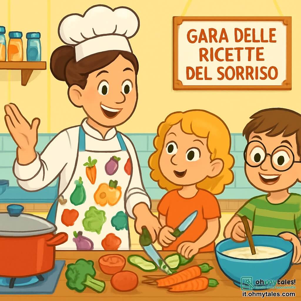 Chef Martina, una donna sorridente con i capelli castani raccolti in uno chignon, indossa un grande grembiule con motivi di verdure colorate. È in piedi nella sua cucina, circondata da pentole e verdure fresche, con un'espressione di eccitazione sul volto. Accanto a lei, Sofia, una ragazza di 8 anni con capelli biondi e ricci, osserva attentamente, con gli occhi brillanti di curiosità, tenendo un coltello di plastica per aiutare a tagliare le verdure. Un altro ragazzo, Luca, di 7 anni, con occhiali tondi e una maglietta a righe, mescola l'impasto in una grande ciotola, con un sorriso di orgoglio sul volto. La cucina è spaziosa e luminosa, con pareti dipinte di giallo pastello, mensole piene di barattoli di spezie colorate e un grande piano di lavoro in legno dove gli ingredienti sono disposti con cura. In questa scena, Chef Martina e i bambini stanno preparando un piatto speciale per la "Gara delle Ricette del Sorriso", ciascuno impegnato con entusiasmo, creando un'atmosfera gioiosa e conviviale.