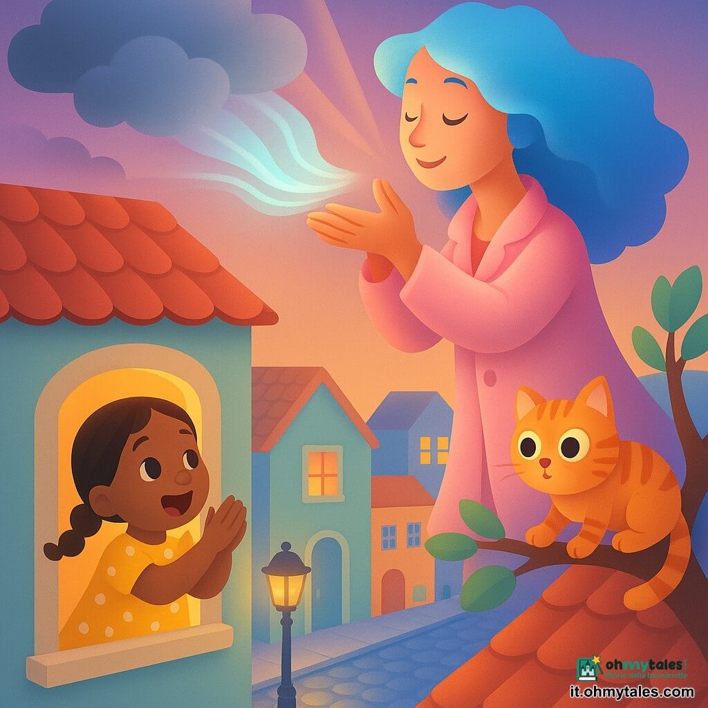 Una eroina sorridente e dolce, capelli blu luminosi e mantello rosa pallido scintillante, soffia un vento luminoso dalle mani; è in piedi su un tetto di tegole rosse e scaccia una nuvola grigia con un gesto aggraziato; una bambina di circa 5 anni con trecce brune e vestito giallo a pois bianchi applaude dalla finestra; un gattino arancione tigrato su un ramo basso scende verso la bambina con occhi rotondi stupiti; la strada sottostante mostra case pastello, ciottoli lucenti e un lampione antico dalla luce calda; il cielo al crepuscolo sfumato di viola e pesca con raggi di luce soffusa che escono dalle mani dell'eroina; scena calma e rassicurante, movimento fluido, colori vivaci, texture lisce e forme tonde per un aspetto affettuoso e adatto ai più piccoli.