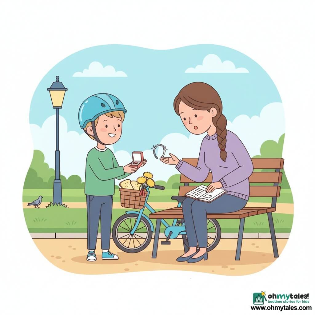 An 8-year-old boy with short light brown hair wearing a shiny blue helmet and a proud gentle expression smiles as he offers a small box with a silver bracelet to his mother, who is about 35 with brown braided hair in a purple sweater, surprised and moved, seated on a wooden park bench and leaning forward to receive the gift while still holding a small open book; a child's bicycle is parked beside the bench with a wicker basket containing buttered bread slices and a bouquet of dandelions tied with a red ribbon; the setting is a small sunny urban park with mowed green grass, a light gravel path, a vintage lamppost, a few pigeons and a pale blue sky with soft clouds; the moment is a tender Mother's Day gift exchange with warm gestures and the bracelet catching the light, in a palette of bright pastels (sky blue, grass green, soft violet, dandelion yellow), clean outlines, simple geometric shapes and light flat shadows.