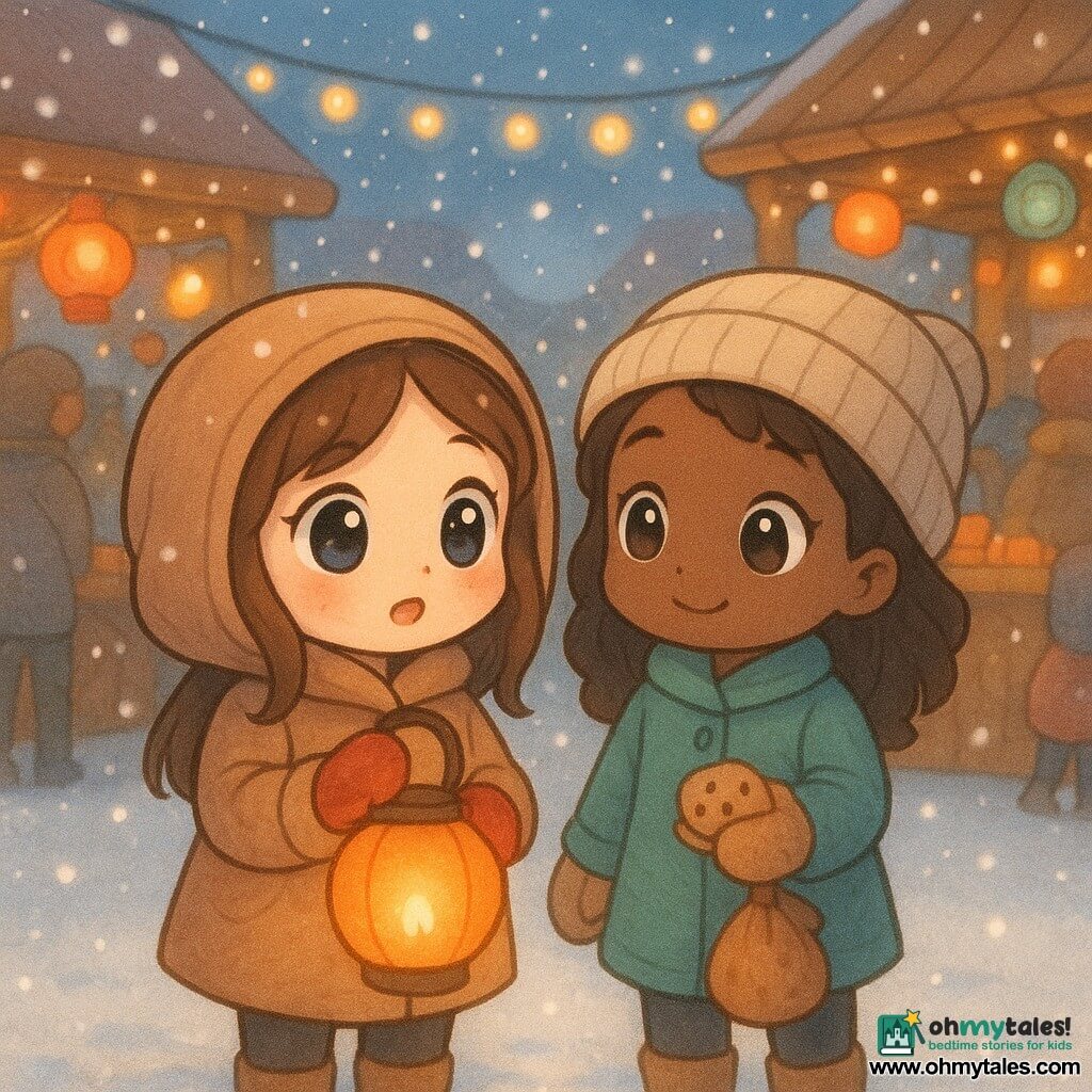 An 8-year-old girl, Mia, with bright sparkling eyes and cheeks rosy from the cold, holds a softly glowing orange lantern. She wears a thick coat and red mittens, and her expression is full of curiosity and courage. Next to her, another 8-year-old girl, Lina, with brown hair and a shy smile, wears wool mittens and holds a small bag of cookies. They stand in a bustling winter market, surrounded by wooden stalls decorated with colorful lanterns and string lights. Snow gently falls around them, covering the ground with a shimmering white layer. The atmosphere is warm and festive, with passersby bundled up in thick coats, creating a joyful and welcoming winter scene.