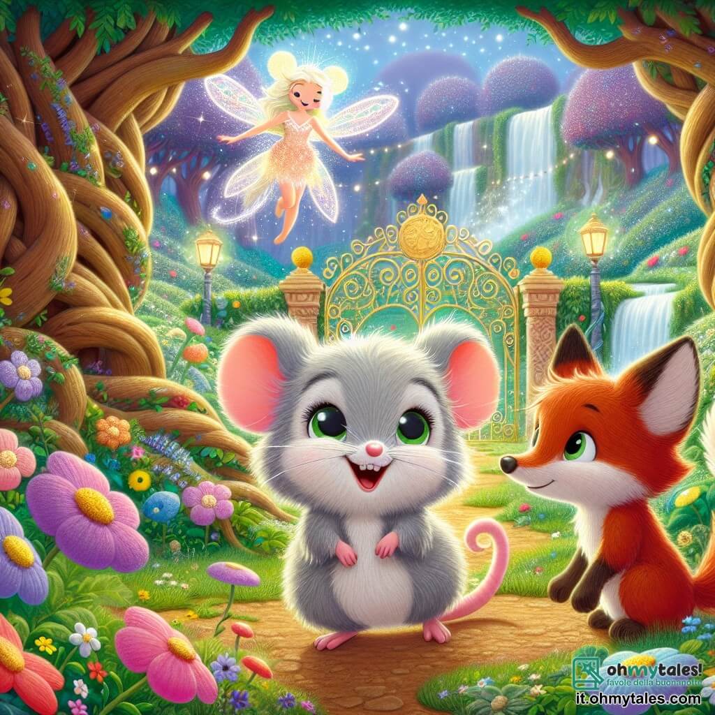 Una piccola topo di nome Mia, con un pelo grigio morbido come il cotone e grandi occhi brillanti di curiosità, si trova al centro dell'immagine, sorridente e piena di entusiasmo, mentre scopre il magnifico Giardino dei Sogni. Accanto a lei, una piccola volpe di nome Leo, con un pelo rosso brillante e una coda folta, guarda Mia con ammirazione, le orecchie ritte, come se fosse pronto a accompagnarla in quest'avventura. Sullo sfondo, una fata luminosa di nome Lila, con ali scintillanti e un vestito fatto di petali di fiori, fluttua graziosamente, sorridendo a Mia e Leo, aggiungendo un tocco di magia alla scena. Il luogo è un giardino incantevole, pieno di fiori colorati che danzano al vento, alberi con tronchi nodosi e ruscelli scintillanti, creando un'atmosfera da sogno e felicità. La situazione principale mostra Mia e Leo, meravigliati, davanti al grande cancello dorato del giardino, pronti a entrare in un mondo di magia e amicizia, mentre i raggi di sole filtrano tra le foglie, illuminando la scena di una dolce luce dorata.