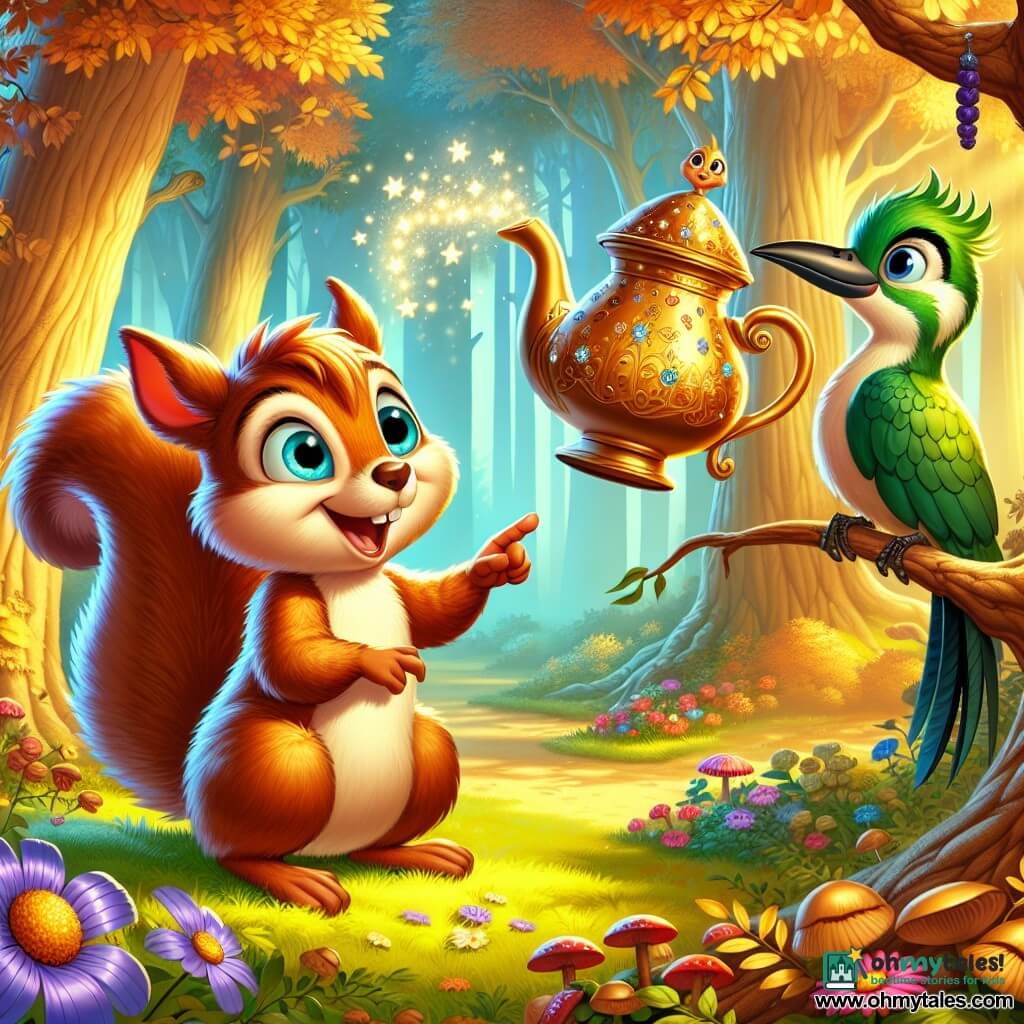 A mischievous squirrel named Nutty, with shiny brown fur and a bushy tail, stands at the center of the scene, eyes wide with surprise and a big smile on his face. He is pointing at a magical teapot adorned with sparkling stars, which floats slightly above the ground. To his right, a wise green woodpecker named Mr. Peckleton, with bright green feathers and a sharp beak, watches the scene with an amused expression, his eyes sparkling with curiosity. He is perched on a low branch, gently tapping the trunk of a tree with his beak, as if sharing a secret. The setting is an enchanted forest, with majestic trees featuring golden leaves, sunlight filtering through the foliage, and a carpet of colorful flowers spread beneath their feet. The main situation shows Nutty making a wish, arms raised towards the teapot, while acorns dance joyfully around him, creating an atmosphere of magic and fun.