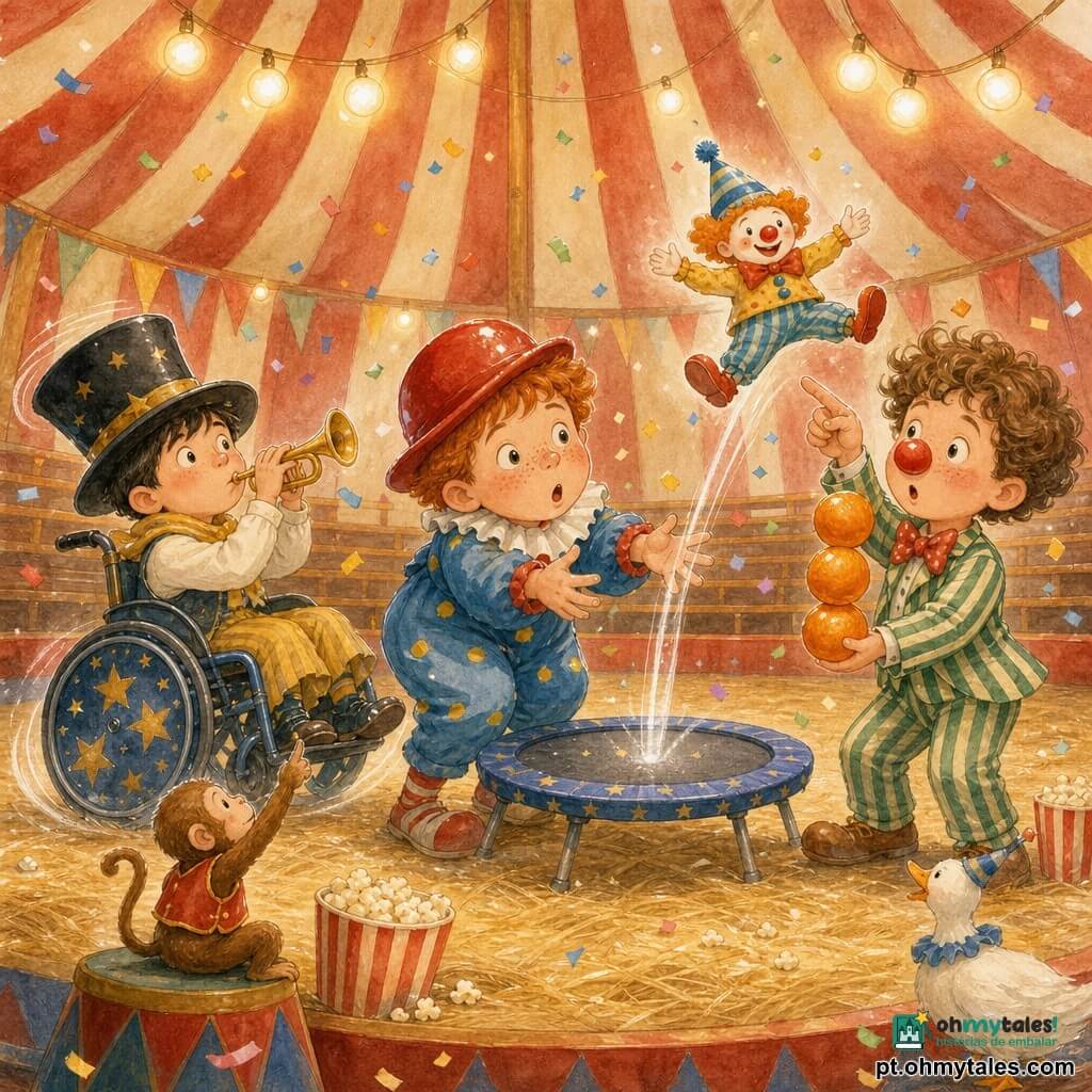 Três crianças numa grande tenda de circo colorida: Tomás (c.10 anos), rosto rondo com sardas, chapéu vermelho brilhante e traje de pequeno palhaço azul, no centro inclinado para a frente segurando um mini-boneco palhaço (Biscoito) que escorrega das mãos; Matias (c.11 anos), cabelos curtos pretos, em cadeira de rodas decorada com estrelas douradas, usando cartola grande e cachecol amarelo, soprando numa pequena trombeta à esquerda de Tomás enquanto gira; Gustavo (c.9 anos), cabelos castanhos encaracolados, nariz de palhaço de borracha e traje listrado verde e branco, à direita de Tomás tentando equilibrar três laranjas e apontando para o boneco que voa; ao fundo um pequeno macaco aponta para cima e uma pata branca aparece na borda da pista; cenário com lona vermelha e branca, arquibancadas de madeira coloridas, refletores suspensos, capim e baldes de pipoca no chão, bandeirolas e confetes; ação leve: o mini-boneco Biscoito sobe após quicar num trampolim, os três reagem com surpresa, excitação e corrida; cores suaves, sombras delicadas e reflexos em branco.