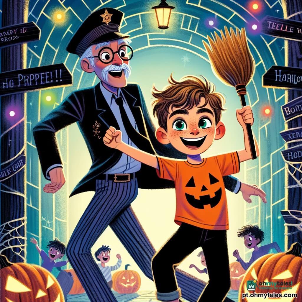 Um garoto de 10 anos, Lucas, com cabelos castanhos bagunçados e olhos brilhantes de curiosidade, dança alegremente no centro de um labirinto de Halloween. Ele usa uma camiseta laranja com um desenho de abóbora e uma calça preta, e seu rosto está iluminado por um grande sorriso, demonstrando seu entusiasmo. Ao lado dele, o guarda do museu, o senhor Aníbal, um homem de cerca de 60 anos, é alto e magro, com óculos redondos escorregando pelo nariz. Ele segura uma vassoura de madeira como se fosse uma guitarra, rindo e dançando com energia. O labirinto é decorado com painéis de madeira preta, teias de aranha brilhantes e luzes coloridas que piscam, criando uma atmosfera mágica e misteriosa. Lucas e Aníbal se divertem juntos, cercados por risadas de crianças e música festiva, celebrando o Halloween em um ambiente de alegria e amizade.