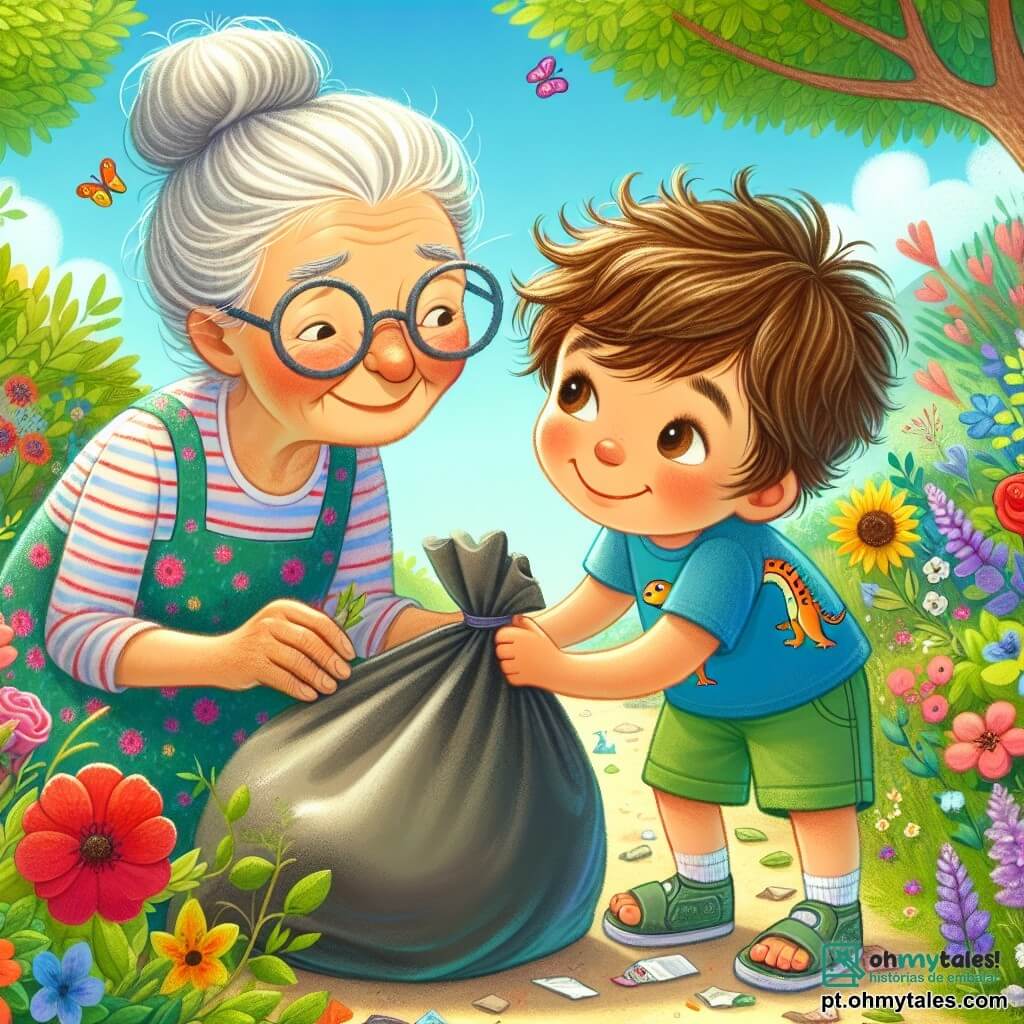 Um menino de 4 anos, com cabelos castanhos bagunçados e olhos cheios de curiosidade, está recolhendo lixo em um jardim ensolarado. Ele usa uma camiseta azul com um desenho de dinossauro e um short verde. Seu rosto expressa determinação e alegria. Ao lado dele, sua avó, uma mulher de cerca de 65 anos, com cabelos grisalhos presos em um coque e óculos redondos, sorri segurando uma grande sacola de lixo. Ela veste um vestido florido e sandálias confortáveis, inclinando-se levemente para ele, encorajando-o com ternura. O jardim é mágico, repleto de flores vibrantes, como rosas vermelhas, girassóis amarelos e violetas. Árvores verdes com folhas brilhantes oferecem sombra, e borboletas coloridas voam ao redor, acrescentando à beleza do lugar. A cena principal mostra o menino e sua avó limpando o jardim, recolhendo lixo alegremente, enquanto riem e conversam. Seus gestos demonstram o compromisso de cuidar da natureza, criando uma atmosfera de felicidade e camaradagem.