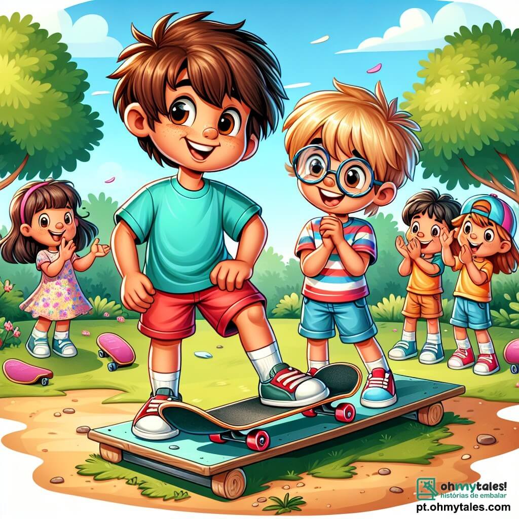 Um garoto de 10 anos, chamado Rafael, com cabelos castanhos bagunçados e olhos brilhantes, está em um skate desgastado, exibindo uma expressão de alegria misturada com leve nervosismo. Ele usa uma camiseta azul vibrante e um short vermelho, enquanto se prepara para realizar uma manobra em uma pequena rampa. Ao lado dele, Tomás, um garoto de 10 anos com cabelos loiros e óculos redondos, sorri amplamente, segurando um skate novinho com rodas vermelhas, pronto para incentivar seu amigo. Sofia, uma garota de 10 anos com cabelos longos e cacheados, usa um vestido florido e aplaude ao fundo, cheia de entusiasmo. A cena acontece em um parque ensolarado, com árvores verdes luxuriantes e crianças brincando ao longe, criando uma atmosfera alegre e dinâmica. Rafael, com uma mistura de excitação e nervosismo, está prestes a mostrar seus talentos como skatista, cercado por seus amigos que o incentivam.