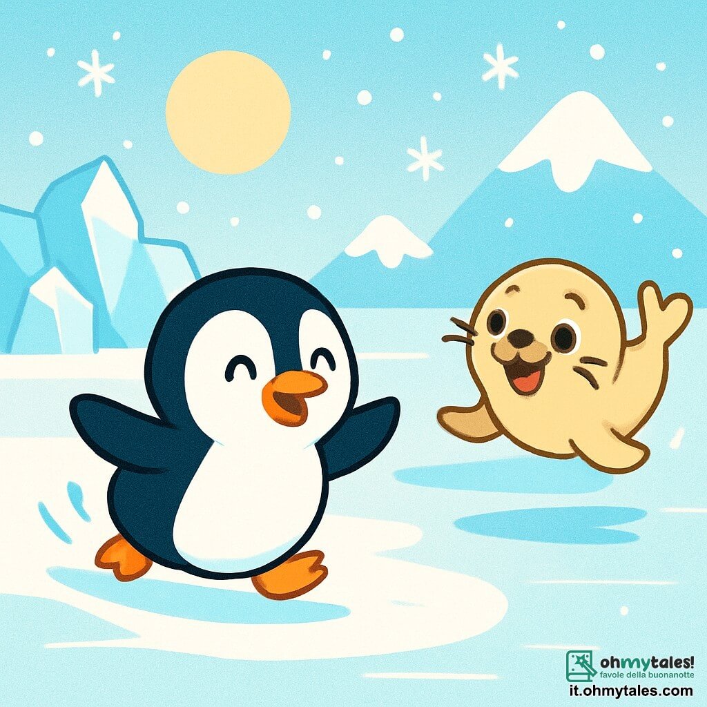 Un piccolo pinguino di nome Pino, con un piumaggio nero e bianco lucente e occhi scintillanti di gioia, scivola sul ghiaccio con un grande sorriso, le sue piccole ali aperte per mantenere l'equilibrio. Accanto a lui, una piccola foca di nome Fifi, con un pelo beige e occhi tondi e maliziosi, ride a crepapelle, sdraiata sulla pancia, pronta a saltare sul ghiaccio. Lo sfondo è un paesaggio invernale magico, con iceberg scintillanti sotto il sole, fiocchi di neve che cadono dolcemente e un cielo blu chiaro. In lontananza, montagne innevate aggiungono un tocco di maestosità alla scena. Pino e Fifi giocano insieme, ridendo e divertendosi, mentre Fifi scivola così veloce da sollevarsi nell'aria, creando un momento di sorpresa e gioia.