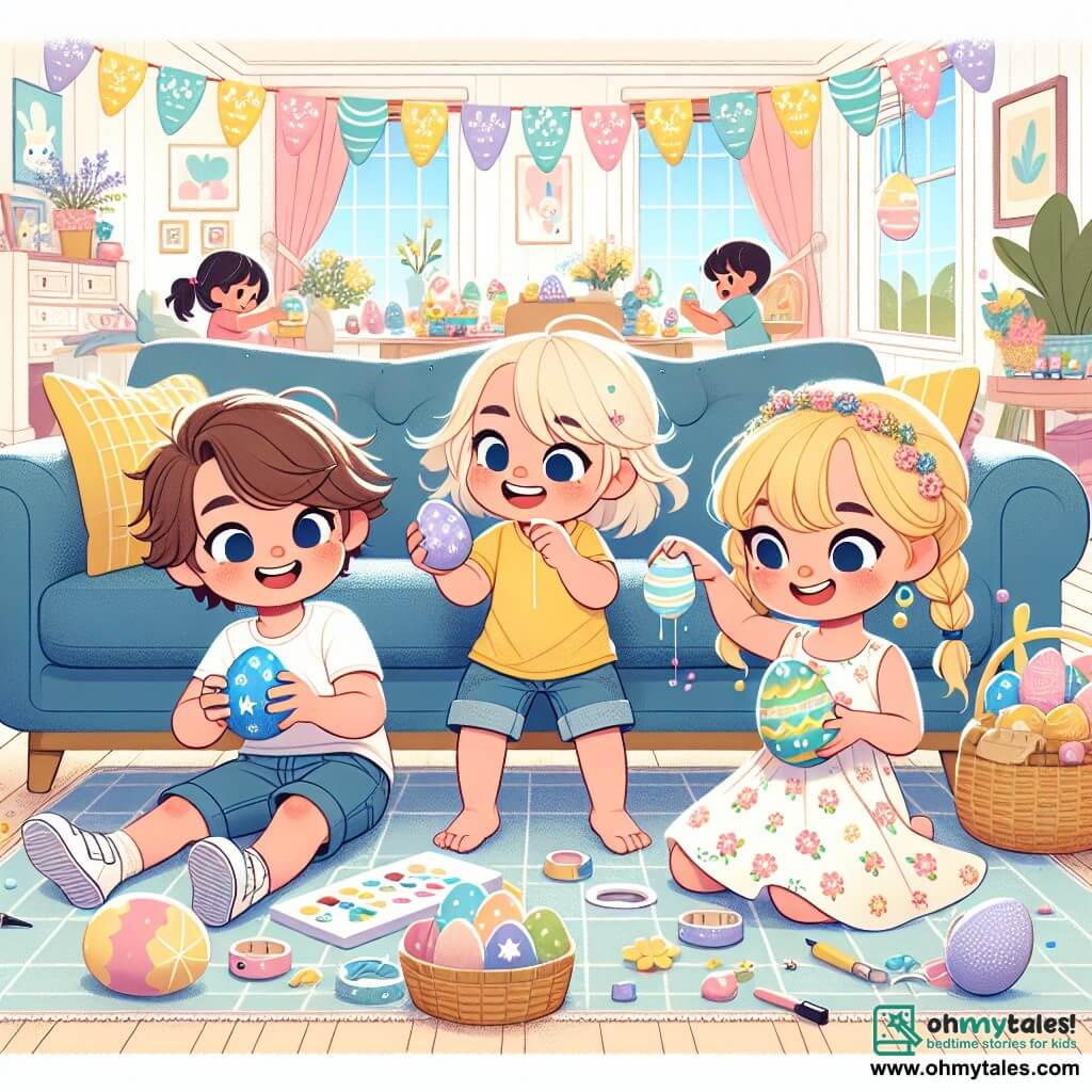 A 4-year-old boy named Timmy, with messy brown hair and a big smile, is crouched on the floor holding a shiny blue Easter egg decorated with sparkling stars. He is wearing a yellow t-shirt and denim shorts, and his sparkling eyes show his joy and excitement. Next to him, Lily, a 4-year-old girl with braided blonde hair and pink glasses, is decorating another egg with colorful stickers. She is wearing a floral dress and leaning in with a focused smile, adding details to her egg. A little further away, Sam, a 4-year-old boy with black hair and freckles, is standing on a chair, pointing up with a look of wonder, as if he has just discovered something amazing. He is wearing a green t-shirt and beige pants. The scene takes place in a bright and welcoming living room with pastel-painted walls and Easter decorations hanging, such as garlands of colorful eggs and paper bunnies. A large, cozy sofa is in the background, and toys are scattered on the floor. The main situation shows Timmy and his friends, all joyful and engaged in decorating Easter eggs, surrounded by laughter and excitement, celebrating this beautiful holiday together.