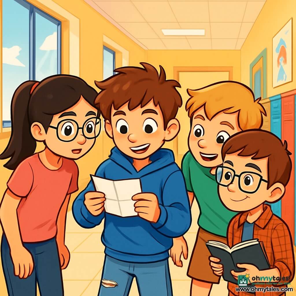 There are four children: Jasper, an 11-year-old boy with messy brown hair and curious sparkling eyes, wearing a blue hoodie and ripped jeans, holding a mysterious piece of paper; Maya, a 10-year-old girl with long black hair in a ponytail, round glasses, and a pink t-shirt, attentively looking at the paper Jasper holds; Liam, an 11-year-old boy with blonde hair and a mischievous smile, dressed in a green t-shirt and shorts, slightly leaning in to listen; and Sam, a 10-year-old boy with brown hair and square glasses, wearing a plaid shirt and beige pants, holding a notebook and observing with interest. The children are in a bright school hallway with yellow walls and sunlight streaming through the windows, colorful lockers lined up on one side, and children's drawings decorating the walls. The main scene shows the four friends investigating a mysterious message written on the paper, with Jasper in the center holding it while Maya, Liam, and Sam lean in around him, their faces lit up with the excitement of discovery.