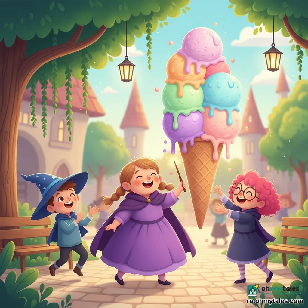 Lila, vrăjitoare-apprentis de 6 ani, cu față rotundă, pistrui și două codițe castanii, poartă o rochie mare violet și o pelerină groasă și transformă cu o baghetă strălucitoare un copac într-o înghețată uriașă multicoloră; Max, învățăceă de 6 ani cu păr roz buclat și ochelari rotunzi, râde și întinde mâna spre înghețată, stând în dreapta, iar Eli, băiat de 6 ani cu pălărie înstelată albastră și păr scurt castaniu, aplaudă și sare de bucurie în stânga lângă o bancă; scena are loc într-o curte de școală de magie în timpul zilei, cu pavele deschise, bănci de lemn, plante cățărătoare verzi și felinare suspendate care luminează ușor, atmosfera fiind jucăușă, culori saturate, umbre moi și un fundal cu siluete de copii și clădiri cu acoperișuri ascuțite, stil grafic neted cu forme rotunjite și textură moale.