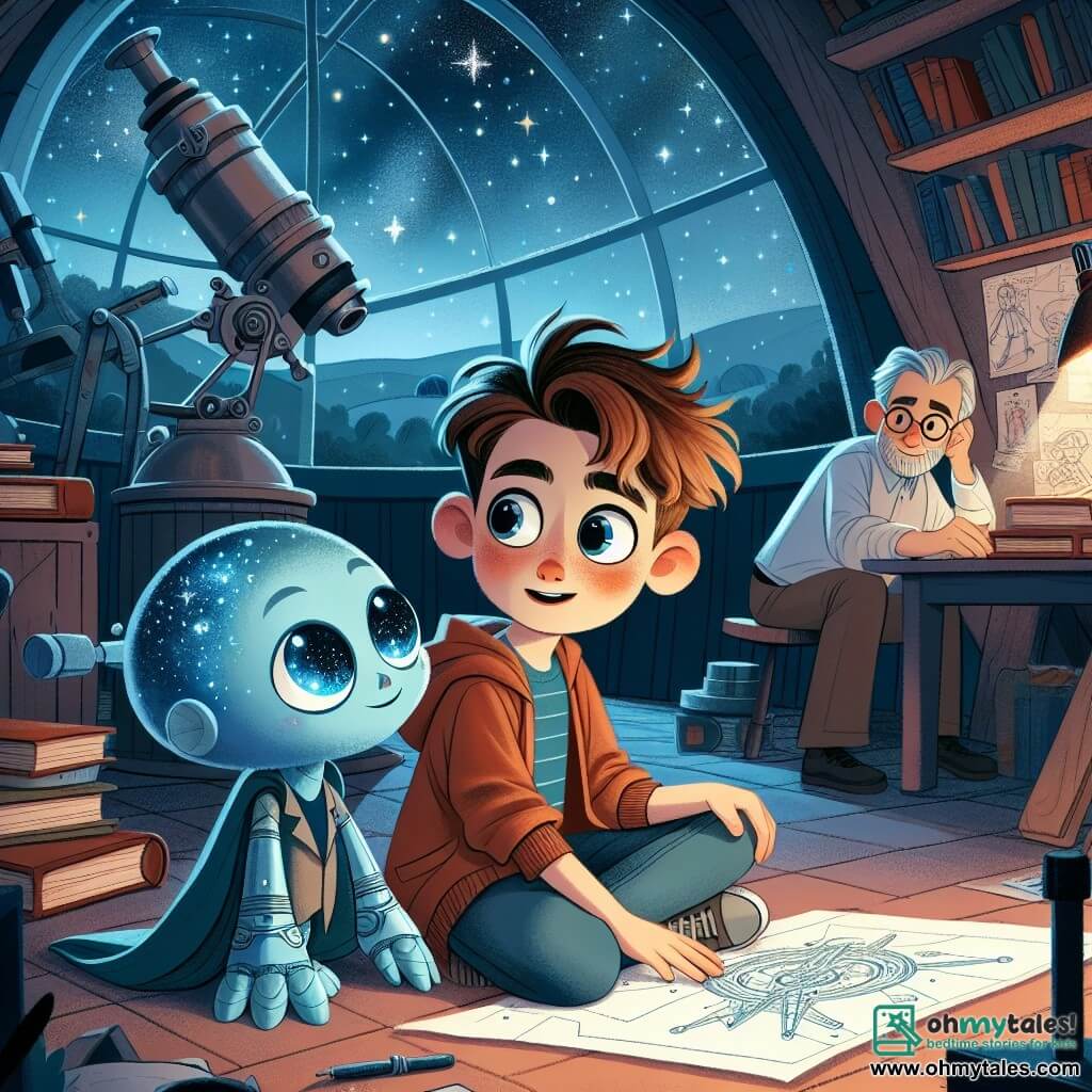 An 11-year-old boy with messy brown hair and sparkling curious eyes sits on the floor in a secret corner of an observatory. He has a look of wonder on his face, holding a spaceship blueprint in his hands, surrounded by books and scientific equipment. Beside him is a small alien named Zeelo, about two feet tall, with luminescent blue skin and starry bright eyes, looking at the boy with a friendly and hopeful expression. In the background, Ben's father, a man in his forties with glasses and a neat beard, watches proudly with a slight smile, standing near a large window overlooking a starry sky. The observatory is filled with telescopes, constellation maps, and soft lights, creating a magical and mysterious atmosphere. The main scene shows Ben and Zeelo preparing the spaceship for Zeelo's return journey to his planet, a moment of camaraderie and excitement as they work together to achieve an intergalactic dream.