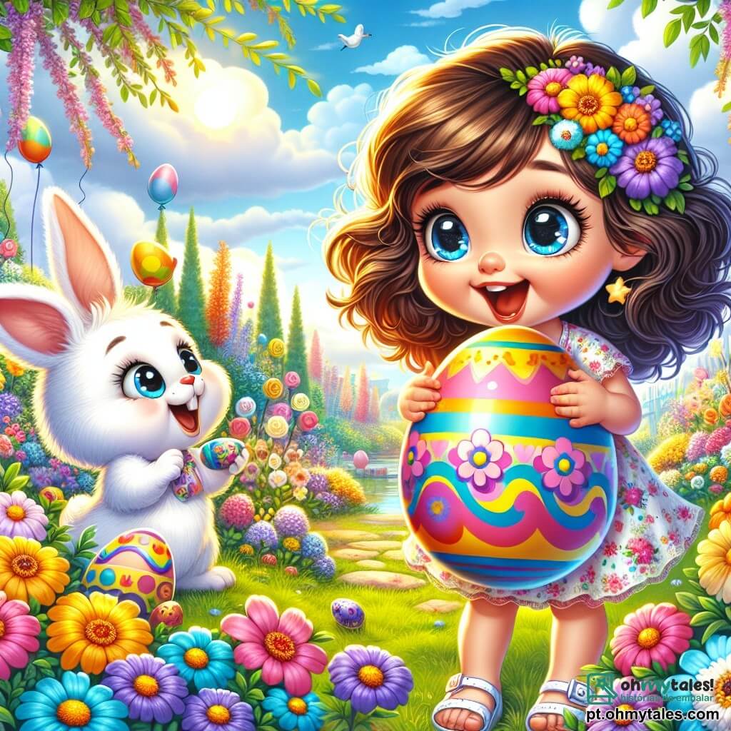 Uma menina de 2 anos, Mia, com grandes olhos brilhantes e cabelos cacheados castanhos, sorri alegremente segurando um ovo de Páscoa colorido nas mãos. Ela usa um vestido florido e sandálias, cercada por flores coloridas que dançam ao vento. Ao seu lado, uma pequena galinha, com penas brancas e bico amarelo, observa Mia com curiosidade, fazendo um pequeno som de cocorico. Um coelho branco travesso, com grandes orelhas e um sorriso travesso, está logo atrás de Mia, pronto para lhe dar um ovo de chocolate. A cena ocorre em um jardim ensolarado, cheio de flores vibrantes e árvores verdes. O céu é azul com algumas nuvens fofas, e balões coloridos flutuam no ar, acrescentando à atmosfera festiva. Mia, maravilhada, acaba de descobrir um ovo de Páscoa gigante no jardim e está prestes a abri-lo, enquanto a galinha e o coelho a incentivam com entusiasmo.