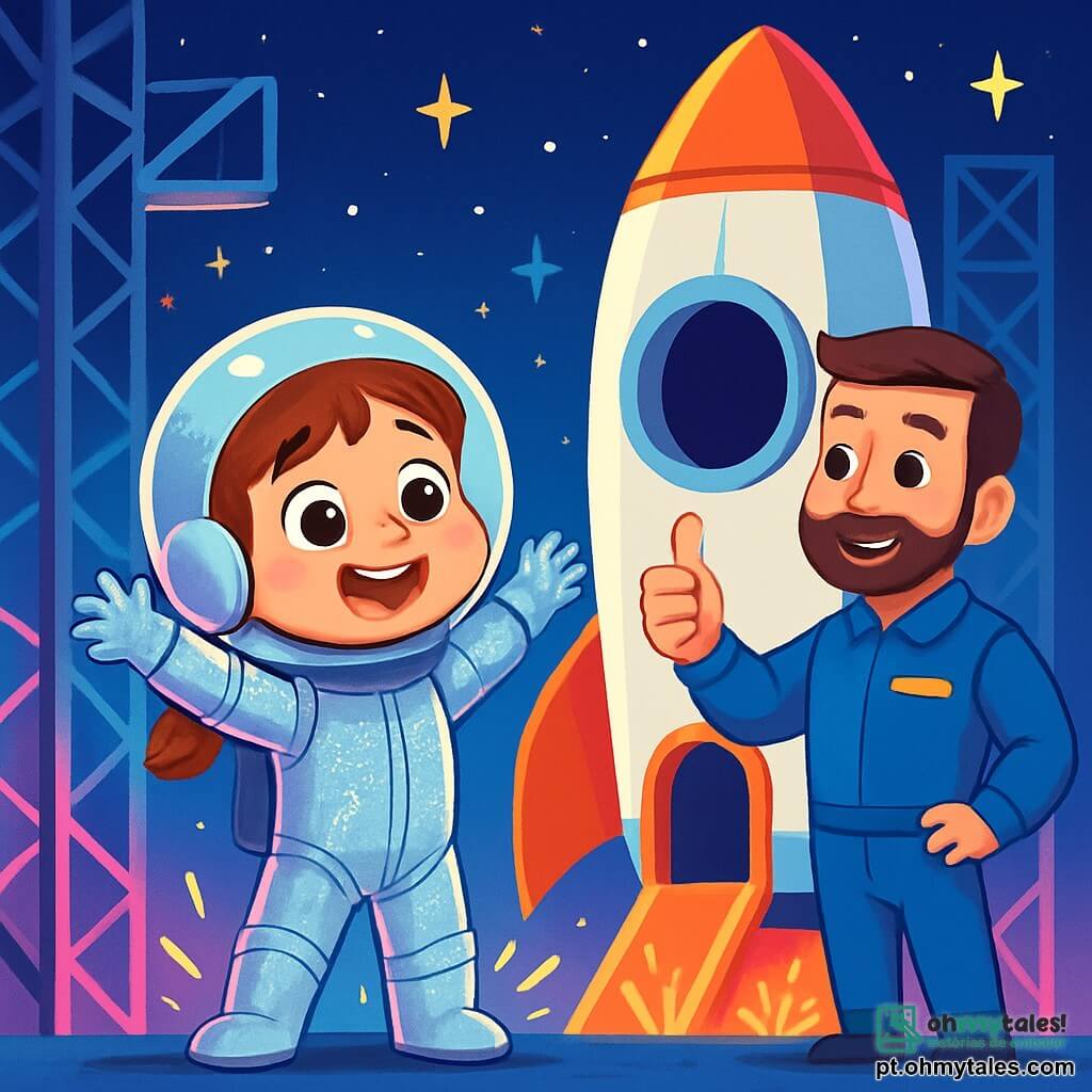Uma jovem, Sofia, com grandes olhos brilhantes e um largo sorriso, veste um macacão de astronauta prateado que brilha sob a luz. Ela está cheia de excitação e olha para o céu estrelado, pronta para embarcar em sua aventura espacial. Ao lado dela, o comandante, um homem de quarenta e poucos anos com uma barba bem cuidada e um uniforme azul, lhe faz um sinal encorajador, de pé perto da porta do foguete. O local é uma plataforma de lançamento futurista, cercada por grandes estruturas metálicas e luzes coloridas, com um céu noturno salpicado de estrelas brilhantes. Sofia está diante do foguete, pronta para embarcar, com os braços levantados em sinal de alegria, enquanto faíscas de luz surgem ao seu redor, anunciando o início de sua incrível viagem pelo espaço.