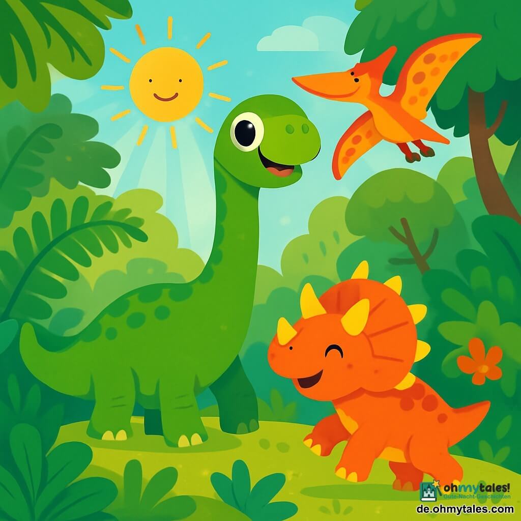 Ein fröhlicher und neugieriger Diplodocus mit leuchtend grüner Haut und großen runden Augen steht inmitten einer Kuppel aus glänzenden Blättern und hebt seinen langen Hals in den sonnigen Himmel. Neben ihm spielt ein lebhaft gefärbter Triceratops mit gelben Hörnern und einem roten Panzer im Gras und hüpft fröhlich. Im Hintergrund fliegt ein Flugsaurier mit bunten Flügeln zwischen den Bäumen und schaut den Diplodocus mit einem freundlichen Lächeln an. Die Szenerie ist ein dichter, üppiger Dschungel, gefüllt mit großen Farnen, leuchtenden Blumen und Sonnenstrahlen, die durch das Laub brechen. Die Hauptsituation zeigt den Diplodocus, der sich darauf vorbereitet, mit seinen Freunden zu spielen, die alle zusammen lachen und Spaß in dieser wunderbaren Welt haben.