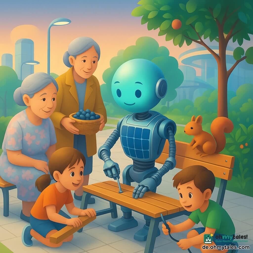 Hauptfigur: kleiner städtischer Hilfsroboter aus Silberdrähten und Solarpaneelen, rund leuchtender blau-grüner Kopf, sanfte LED-Augen, freundlicher Ausdruck, er montiert mit filigranen mechanischen Händen und kleinen Schrauben eine klappbare Bank; Nebenfiguren: eine ältere Frau mit grauem Dutt und pastellblumigem Kleid sitzt halb aufgeklappt rechts, eine zweite ältere Frau im senffarbenen Mantel hält dankbar einen Korb mit Brombeeren links, zwei Kinder (Mädchen mit Zöpfen, Junge in Shorts) hocken staunend vorn und helfen mit Brett und Schrauben; ein kleines rotes Eichhörnchen schnuppert neugierig an einem geschützten Kabel an der Bank; Ort: futuristische Gartenstraße mit weißen Platten, Beeten und essbaren Pflanzen, gläsernen Türmen und schwebenden Brücken im Hintergrund, abgerundete Solarlaternen und sanftes Dämmerlicht; Szene: warme, konstruktive Stimmung, gemeinsame Installation einer solarbetriebenen Klappbank unter einem Obstbaum, gesättigte aber sanfte Farben, glatte Texturen und sichtbare mechanische Details.