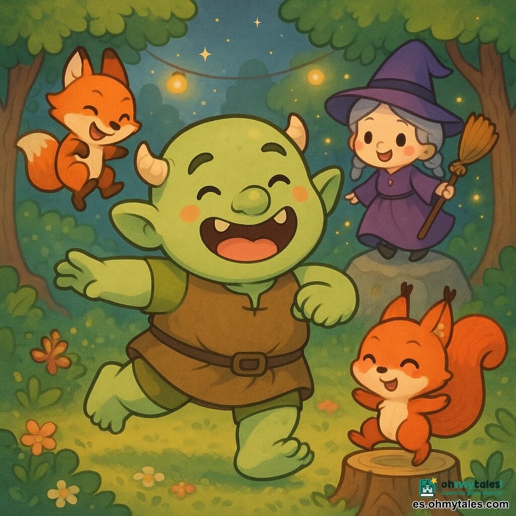 Un ogro niño sonriente y alegre, regordete y redondo, piel verde clara, pequeñas cuernos redondeados, orejas grandes y flexibles, dientes amables visibles, baila descalzo dando pasos cómicos en una clara; a su derecha, sobre un tocón, Pepi, una ardilla hembra de pelaje rojizo brillante y ojos negros redondos, cierra los ojos y salta imitando sus pasos; a la izquierda en segundo plano Zacarías, un zorro macho de pelaje naranja vivo y cola tupida, salta y hace piruetas con una sonrisa pícara; detrás, sobre una roca, Griselda, una bruja con vestido violeta y sombrero puntiagudo redondeado, cabello gris en trenzas, sostiene una escoba vieja y crea pequeñas luciérnagas luminosas que flotan alrededor; la clara tiene suelo cubierto de musgo y flores, troncos nudosos formando un círculo protector, cielo crepuscular con estrellas tímidas y farolillos mágicos colgantes; escena: fiesta de baile sin música, movimiento contagioso y alegre, posturas exageradas y risas, ambiente cálido y colorido, iluminación suave y contrastes pastel; estilo gráfico: trazos gruesos y redondeados, colores saturados pero suaves, texturas simples, expresiones faciales muy legibles y composición centrada en el ogro.