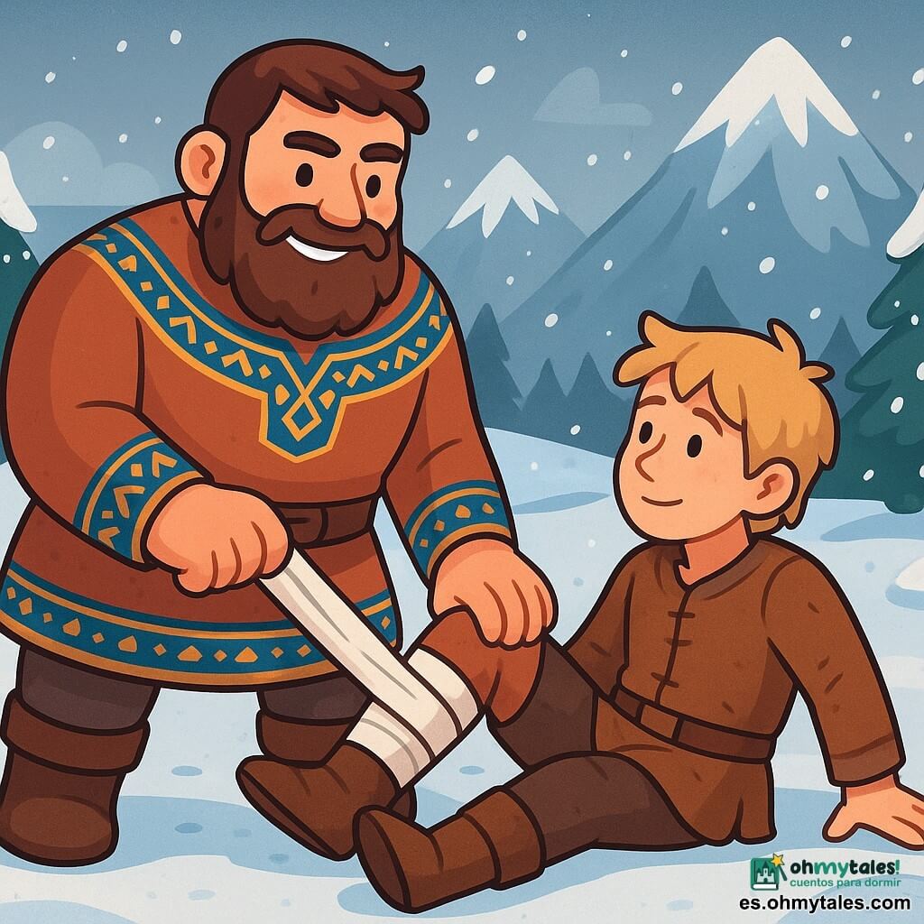 Un hombre robusto, Einar, está de pie en un camino nevado, con un rostro marcado por la determinación y la bondad. Tiene el cabello castaño, una barba espesa y lleva una túnica de lana gruesa, adornada con motivos nórdicos. Sus ojos brillan con una luz cálida mientras ayuda a un joven mensajero, un chico de unos 20 años, que está sentado en la nieve con una pierna herida. El joven tiene el cabello rubio y lleva ropa de cuero desgastada, mirando a Einar con gratitud. Al fondo, majestuosas montañas se alzan bajo un cielo gris, mientras un viento helado levanta copos de nieve. Pinos cubiertos de nieve bordean el camino, creando una atmósfera pacífica pero fría. La escena principal muestra a Einar, con una sonrisa reconfortante, vendando la herida del joven mensajero, listo para ayudarlo a continuar su camino juntos.