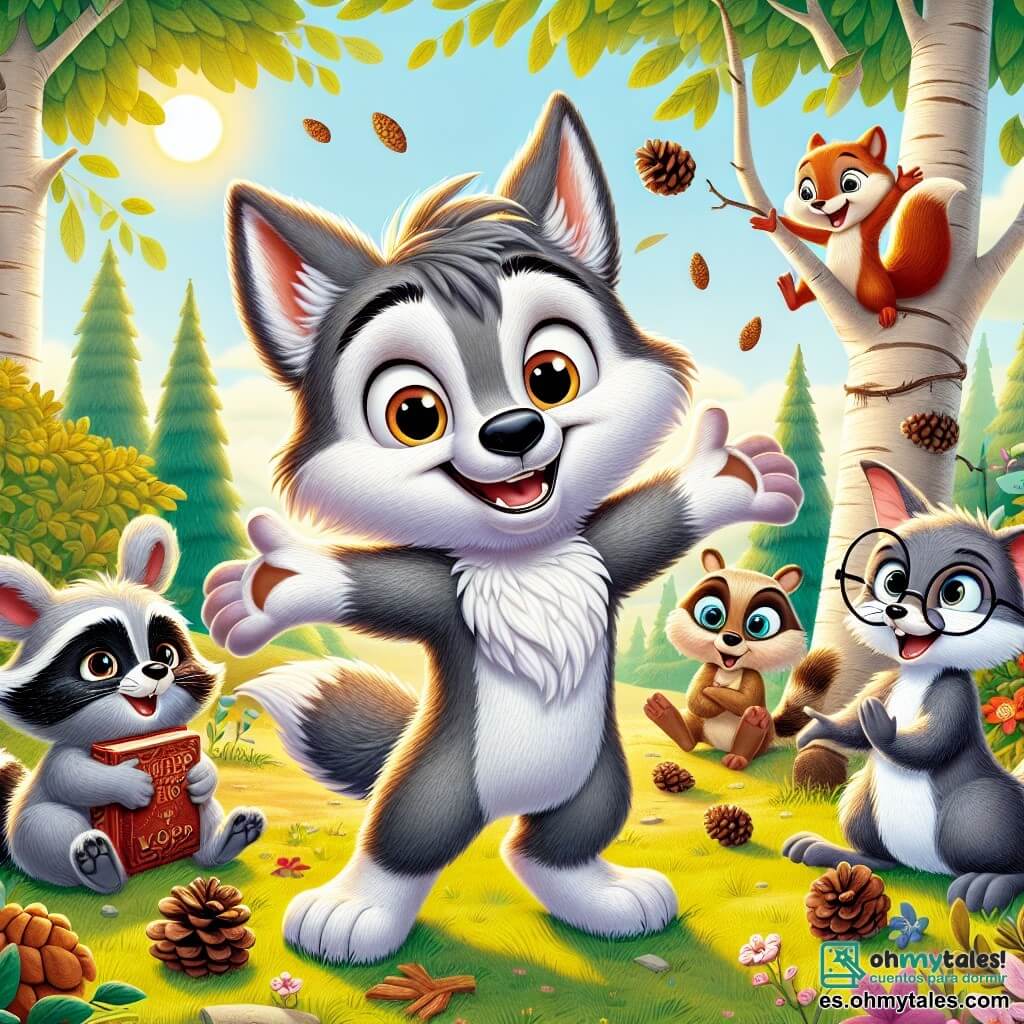 Un pequeño lobo llamado Lupo, con pelaje gris y ojos brillantes de picardía, está en el centro de la imagen, sonriendo ampliamente y levantando los brazos, lleno de entusiasmo. A su lado, un pequeño conejo llamado Tito, con gafas redondas y un libro bajo el brazo, mira a Lupo con una sonrisa divertida, tratando de no perder el equilibrio en una rama. Un poco más allá, un mapache llamado Paco, con pelaje blanco y negro y una expresión traviesa, está haciendo malabares con piñas, riendo a carcajadas. Finalmente, una ardilla llamada Lola, con un pelaje rojo brillante y una cola esponjosa, está posada en una rama, aplaudiendo con alegría. El escenario es un hermoso claro soleado, rodeado de majestuosos árboles de hojas verdes brillantes, con flores coloridas esparcidas por el suelo. En el centro, un gran sombrero enrollado en ramas, listo para volar, atrae la atención de los amigos. La escena principal muestra a Lupo y sus amigos celebrando su reciente aventura, riendo y animándose, listos para hacer volar el sombrero gigante que construyeron juntos.