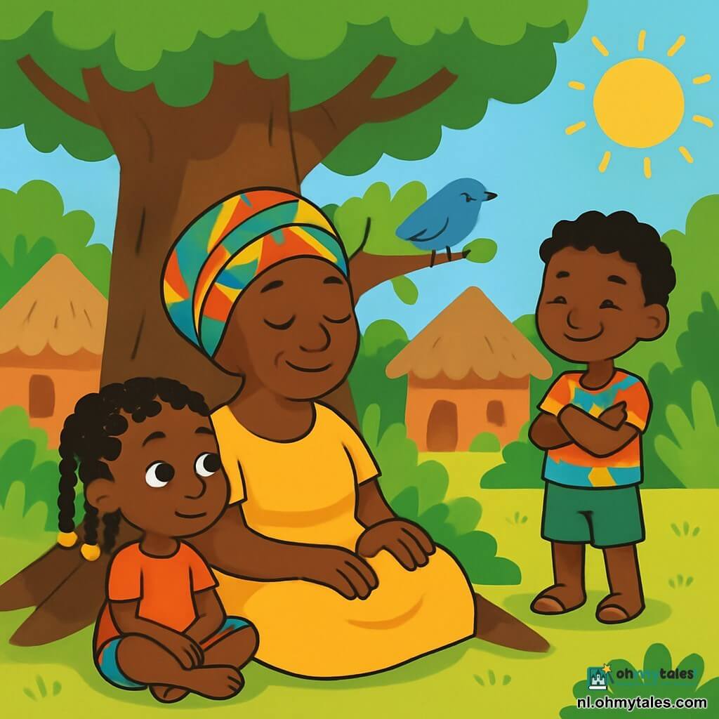 Een vrouw genaamd Mama Sira, ongeveer 50 jaar oud, zit onder een grote baobab. Ze draagt een stralende gele jurk en een kleurrijke sjaal op haar hoofd, haar gezicht straalt sereniteit en wijsheid uit. Haar ogen glanzen met een zachte licht terwijl ze aandachtig naar de natuur om haar heen luistert. Naast haar zit een klein meisje genaamd Ayo, 8 jaar oud, met krullend haar en vlechten versierd met kralen, in kleermakerszit. Ze heeft een nieuwsgierige en verwonderde blik, met haar handen op haar knieën, klaar om naar de verhalen van de stilte te luisteren. Een klein jongetje genaamd Kofi, 6 jaar oud, met een ondeugende glimlach en kleurrijke kleren, staat iets op de achtergrond met gekruiste armen, geïntrigeerd door de scène. De locatie is een levendig Afrikaans dorp, met lemen huizen met rieten daken, omgeven door weelderig groen. De zon straalt hoog aan de hemel en werpt zachte schaduwen onder de majestueuze baobab, wiens wortels zich uitstrekken als beschermende armen. De hoofdscène toont Mama Sira, Ayo en Kofi die samen een moment van stilte delen, luisterend naar de zachte geluiden van de natuur. De vogels zingen, de wind laat de bladeren dansen, en een sfeer van vrede en verbinding hangt in de lucht.