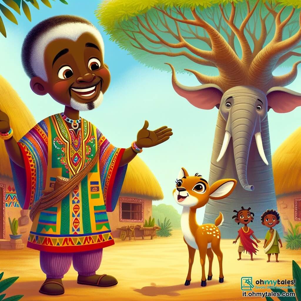 Kofi, un uomo di quarant'anni, ha un sorriso caloroso e occhi brillanti di curiosità. Indossa una tunica colorata in tessuto tradizionale, decorata con motivi africani. Si trova sotto un grande baobab, con le braccia aperte, come se stesse condividendo una storia affascinante con i bambini del villaggio. Accanto a lui, Tula, una piccola antilope dal pelo dorato e dagli occhi grandi ed espressivi, lo guarda con ammirazione. È piena di energia, pronta a saltare, e si trova proprio accanto a lui, saltellando sulle zampe posteriori. Un po' più in là, Biko, un maestoso elefante grigio con grandi orecchie e una lunga proboscide, ascolta attentamente. Ha un'espressione saggia, come se custodisse i segreti della savana. Il luogo è un villaggio africano vibrante, con capanne in argilla dai tetti di paglia, circondato da una vegetazione lussureggiante e fiori colorati. Il sole tramonta all'orizzonte, proiettando una luce dorata sulla scena. Kofi sta raccontando una storia avvincente ai bambini riuniti attorno a lui, mentre Tula e Biko lo ascoltano attentamente, creando un'atmosfera magica e calorosa, piena di gioia e condivisione.