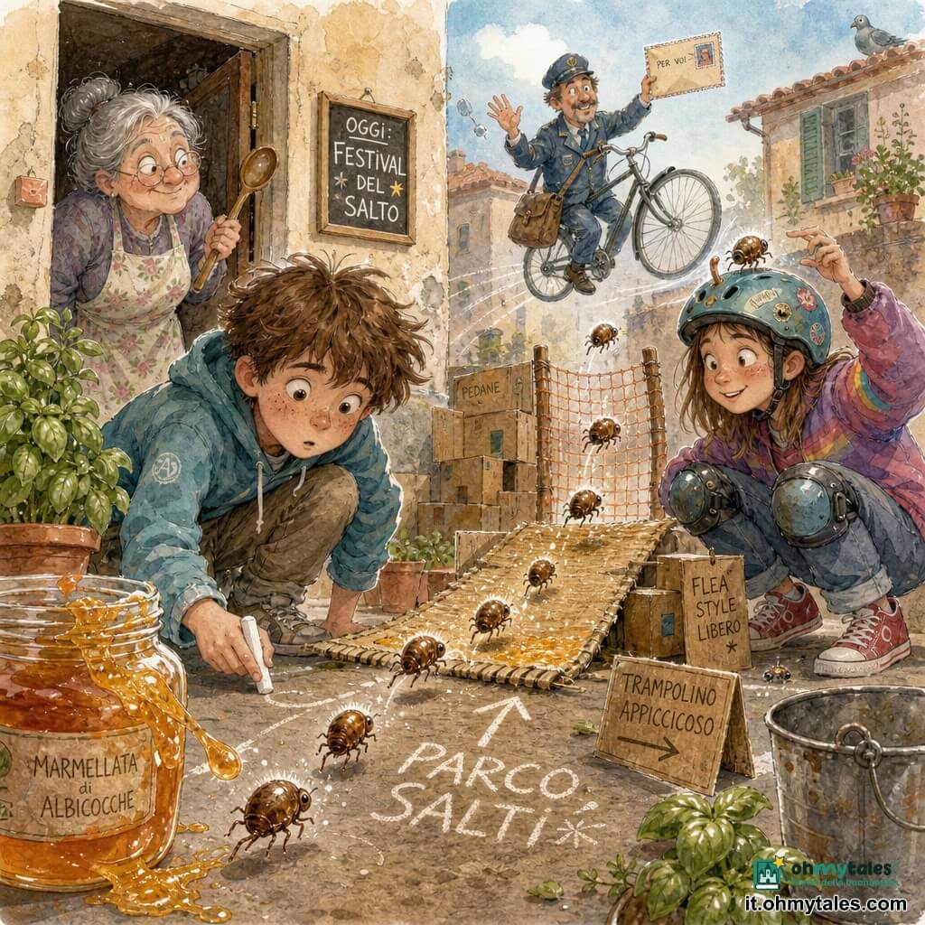 Un ragazzino di 12 anni, viso rotondo con lentiggini, capelli castani arruffati, concentrato e meravigliato, accovacciato vicino a un piccolo parco fatto di scatole di cartone e una stuoia unta di marmellata, traccia una freccia con un gessetto; a sinistra, la nonna di circa 70 anni con capelli grigi raccolti in uno chignon e grembiule a fiori, sorride maliziosa sullo stipite della cucina tenendo un mestolo di legno; a destra una ragazza di circa 12 anni con casco da bici ancora in testa, sorriso birichino e ginocchiere, accovacciata con una mano verso una pulce caduta sul suo cappello; sullo sfondo un postino di circa 50 anni con borsa a tracolla e bicicletta leggermente sollevata agita una busta beige timbrata; ambientazione in un piccolo cortile di periferia con vasi di basilico, un secchio metallico, una stuoia ammaccata, scatole impilate, una rete arancione usata come cancello e un ripostiglio semiaperto; scena umoristico-fantastica: minuscole pulci giganti a misura di nocciola dalle corazze lucenti saltellano in fila verso il "parco salti" segnato a terra, una goccia di marmellata spruzza attirandole mentre bambini e nonna organizzano un tranquillo "Festival del Salto", colori pastello con tocchi dorati sulla marmellata e riflessi bianchi sugli schizzi.