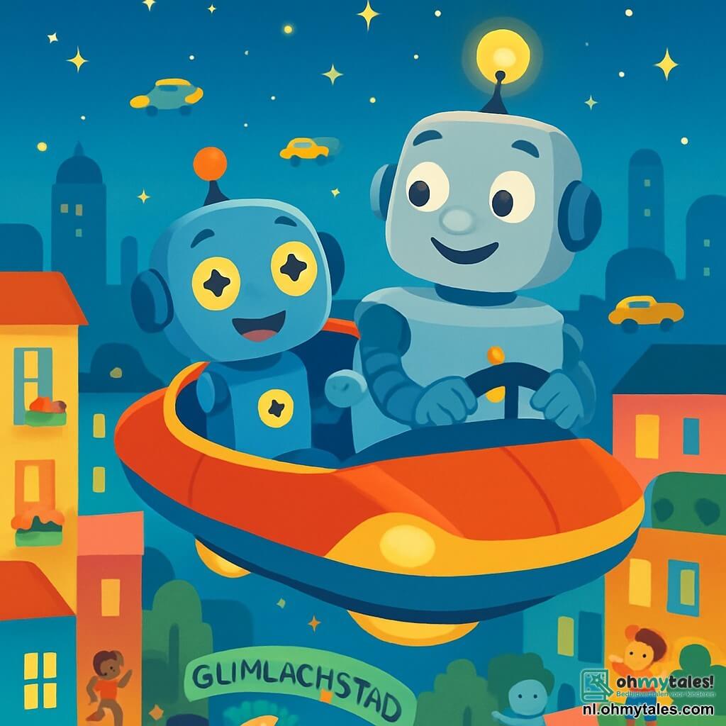 Een klein robotje genaamd Knopje, met ronde, glanzende ogen als sterren en een glimlachende mond, zit in een glanzende zweefkar en toont een uitdrukking van vreugde en opwinding. Naast hem staat een grote robot genaamd Meneer Gloei, met een zilveren lichaam en zachte lichten, die trots glimlacht terwijl hij het stuur vasthoudt, met een uitdrukking van vriendelijkheid. De scène speelt zich af boven Glimlachstad, een futuristische stad met kleurrijke gebouwen, bloemen op de balkons en fonkelende lichten die in de lucht dansen. Op de achtergrond glijden vliegende auto's vredig tussen de wolkenkrabbers, terwijl kinderen en robots vrolijk op straat spelen. Knopje en Meneer Gloei vliegen in de zweefkar, verwonderd over de schoonheid van hun stad en samen de wonderen van Glimlachstad verkennend.