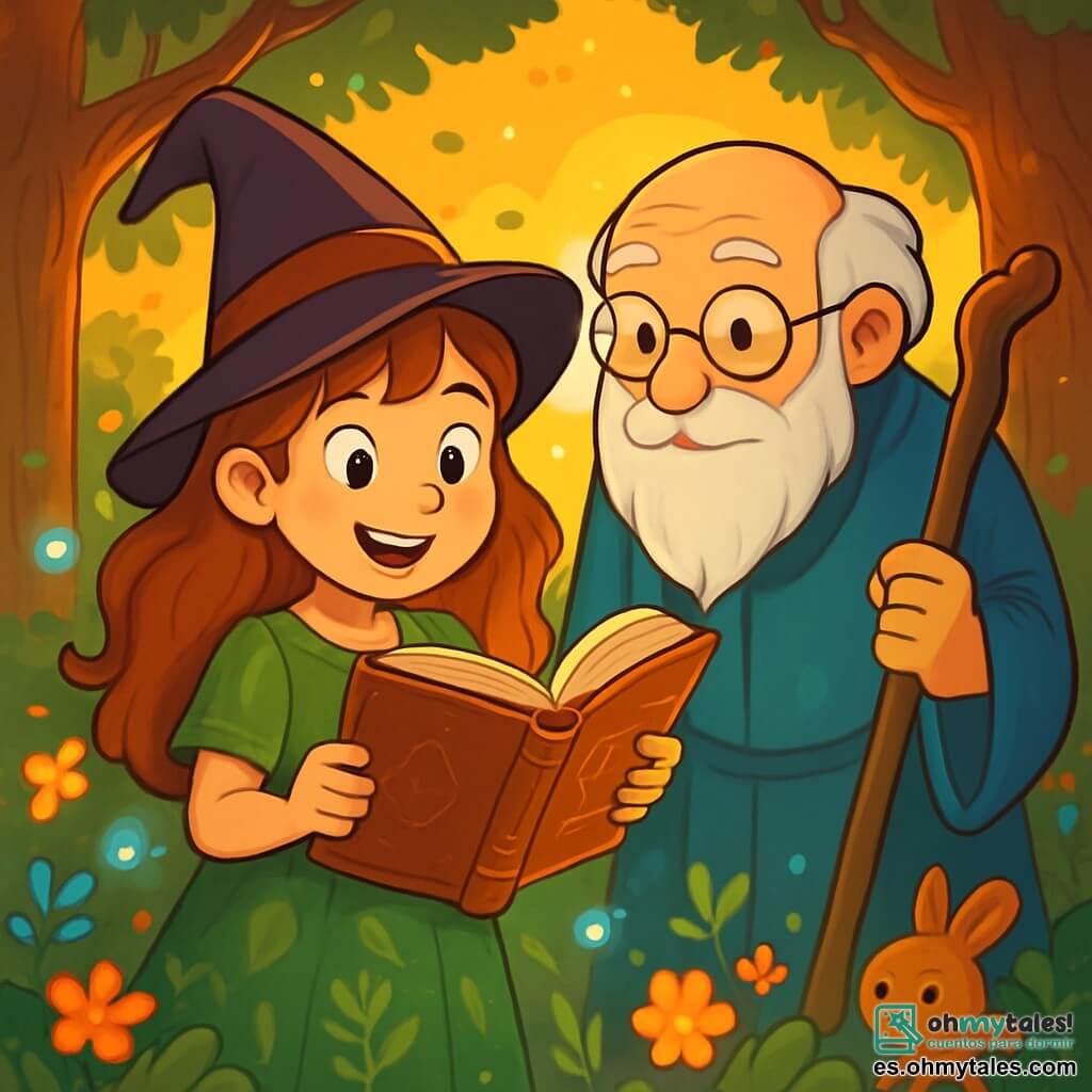 Clara, una joven bruja de 12 años, tiene largos cabellos ondulados y ojos llenos de curiosidad. Lleva un vestido verde con motivos de hojas y sostiene un libro antiguo en sus manos, su rostro radiante de emoción y determinación. A su lado, Don Andrés, un hombre de 70 años con una larga barba blanca y gafas redondas, observa atentamente el libro, con una sonrisa benevolente. Viste una túnica de terciopelo azul y se apoya ligeramente en un bastón de madera tallada. La escena se desarrolla en un claro encantado, rodeado de árboles majestuosos y hojas brillantes, bañado por la luz dorada del sol poniente. Flores coloridas y criaturas mágicas, como luciérnagas y pequeños animales curiosos, añaden un toque de magia al entorno. Clara y Don Andrés descubren juntos un antiguo libro de magia, mientras una suave brisa hace danzar las hojas a su alrededor, creando una atmósfera de misterio y asombro.