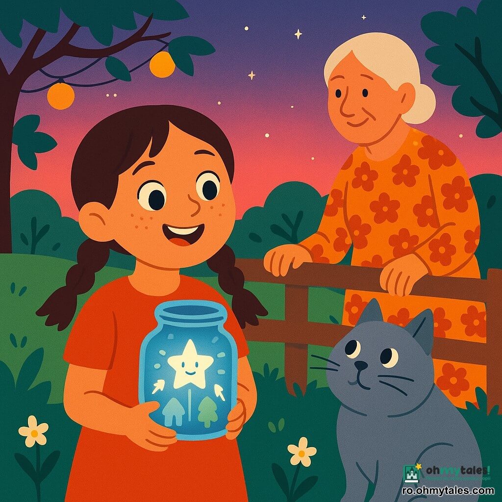 Lia, fetiță de 8 ani cu față rotundă și pistrui, ochi strălucitori și zâmbet uimit, păr brun în două cozi, ține un borcan mic de sticlă luminat la piept; motanul Puf, gri și dolofan, stă lângă ea pe iarbă privind borcanul; bunica, în jur de 65 de ani, ușor cocoșată și blândă, în rochie cu flori, sprijinită de un gard, zâmbește; curte de țară la amurg cu iarbă verde, pruni, felinare suspendate și cer roz‑violet cu primele stele; borcanul proiectează o hologramă albastră clară a unei stele zâmbitoare cu trei săgeți luminioase îndreptate spre mini‑icoane (casă, copac, colină), lumină caldă, atmosferă magică.