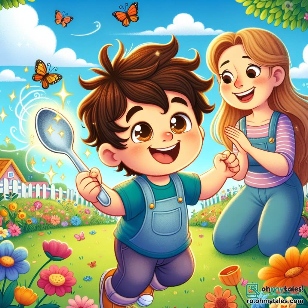 Un băiețel de 2 ani, Doru, cu părul castaniu și ochii plini de curiozitate, stă în centrul imaginii, zâmbind larg și ținând o lingură magică strălucitoare. Lângă el, mama lui, o femeie de aproximativ 30 de ani cu părul lung castaniu deschis și un zâmbet cald, îl observă cu afecțiune, râzând de situația amuzantă. Scena are loc într-o grădină fermecătoare plină de flori colorate, cu fluturi zburând în jur și un cer albastru cu nori pufoși albi. În fundal, se vede un mic grădiniță și un pom cu fructe suculente. Doru dansează vesel cu lingura magică care plutește în aer, emitând lumini strălucitoare, în timp ce mama lui îl încurajează cu un zâmbet amuzat, creând o atmosferă veselă și jucăușă.