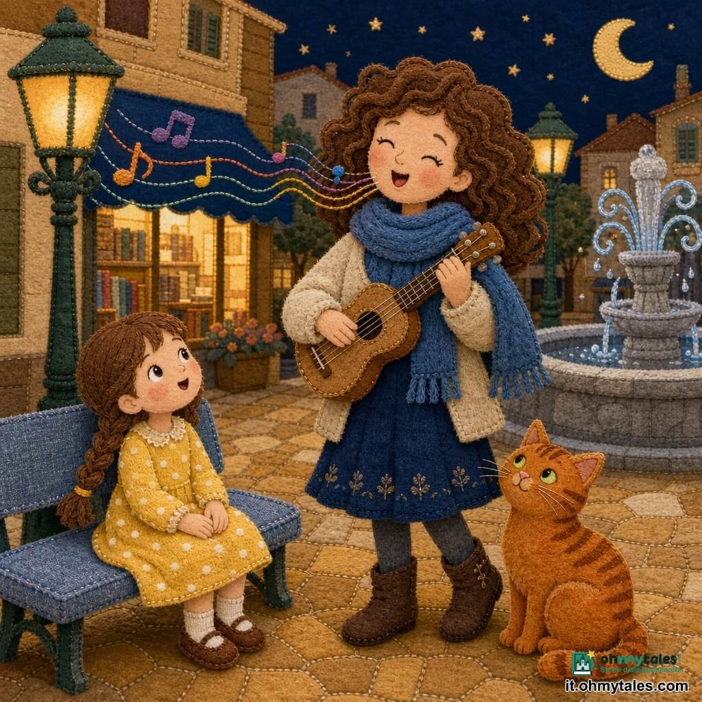 Una donna (Nina) sorridente e dolce con sciarpa di lana blu, capelli castani ricci e occhi sorridenti tiene un piccolo ukulele chiaro e un tamburello con pompon cantando dondolando il corpo; una bambina di 4 anni con trecce e vestito giallo a pois bianchi è seduta su una panchina di legno a sinistra, mani sulle ginocchia, incantata; un gatto rosso tigrato con occhi verdi è seduto vicino ai piedi di Nina con la coda arrotolata, curiosamente guarda l'ukulele; la scena è una piccola piazza lastricata al crepuscolo con lampioni verdi, una fontana di pietra sullo sfondo, una libreria illuminata con vetrina e libri impilati; atmosfera calda, colori ocra, blu notte e salvia, musica e voce rappresentate come piccole onde colorate.